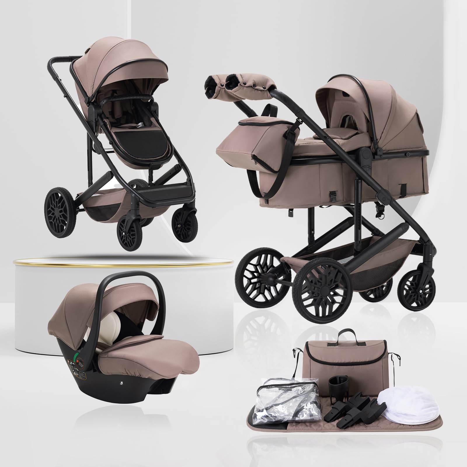 Lnhcrbs 3-in-1 Baby Stroller 518M with Button-Release Seat Collapse,Khaki