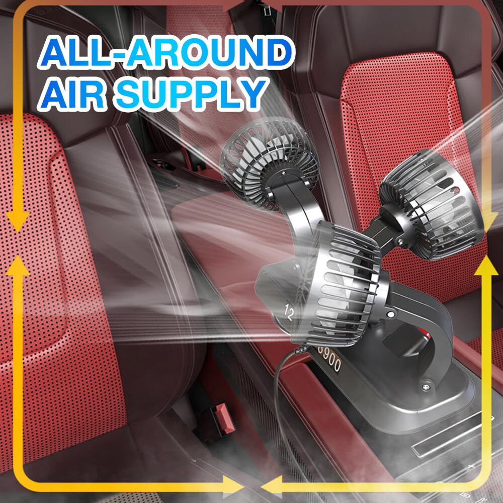 Ventilateur de Voiture USB 5V, Ventilateur De Voiture à Trois Têtes, Ventilateur Réglable en Rotation à 360° avec à 2 Vitesses, Ventilateur De Voiture Silencieux pour Camions Fourgons SUV, RV