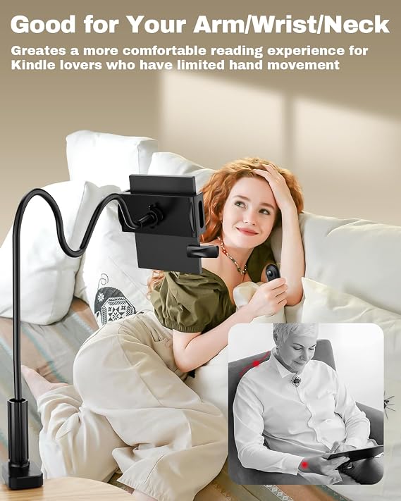 Premium Adjustable Tablet Holder with Remote Page Turner Versatile Kindle Holder & Stand for Reading in Bed, Desk, Treadmill Compatible with Kindle Paperwhite, Oasis, iPad, Smartphones & More