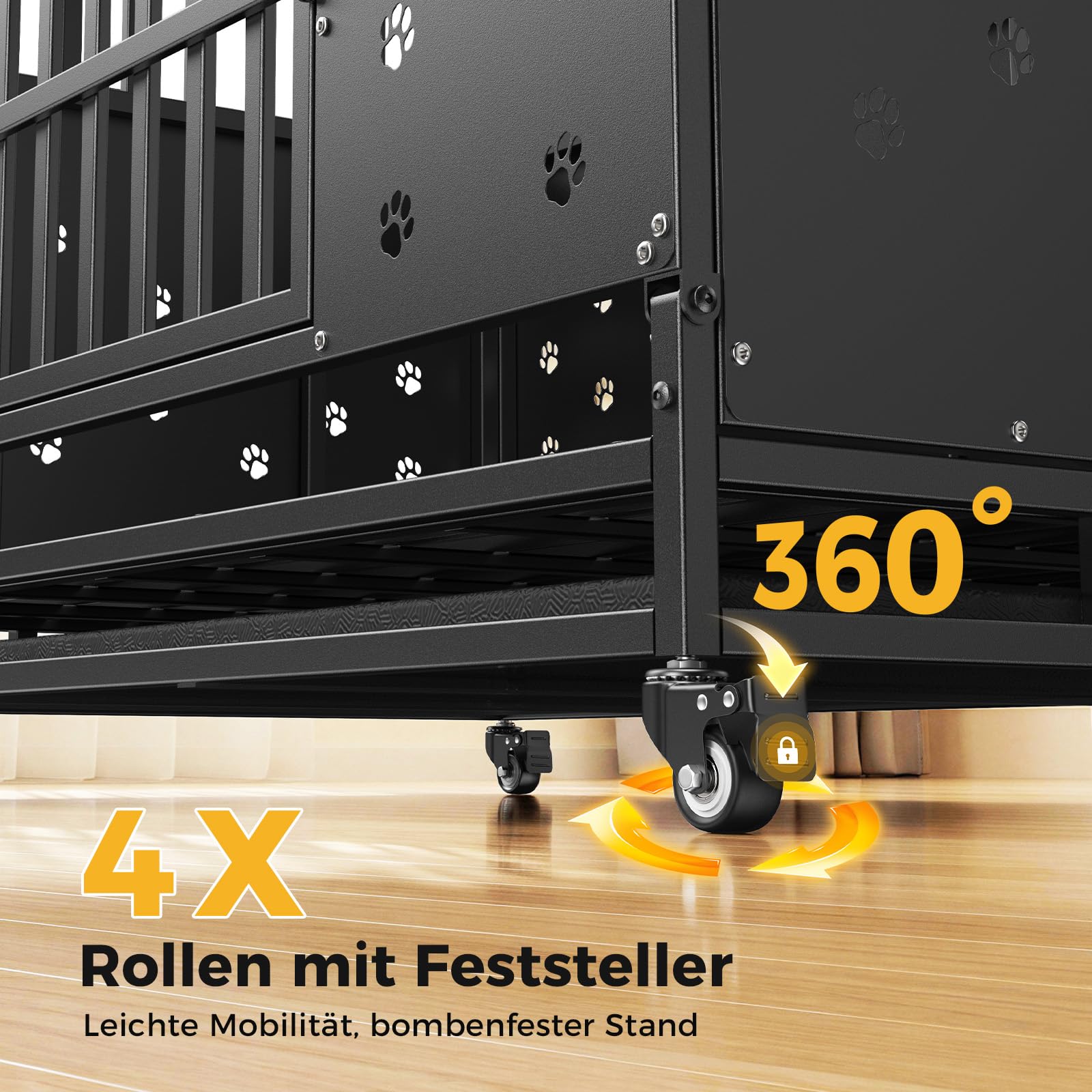 121 x 78 x 93 cm Hundekäfig hochbelastbar für große Hunde, Bissfeste Paneele, Einstellbare Innenhöhe, Hundekäfig mit 4 Arretierbare Rollen, Verbreiterter Komfortboden, Extra Breite Tür, Haustierkäfig