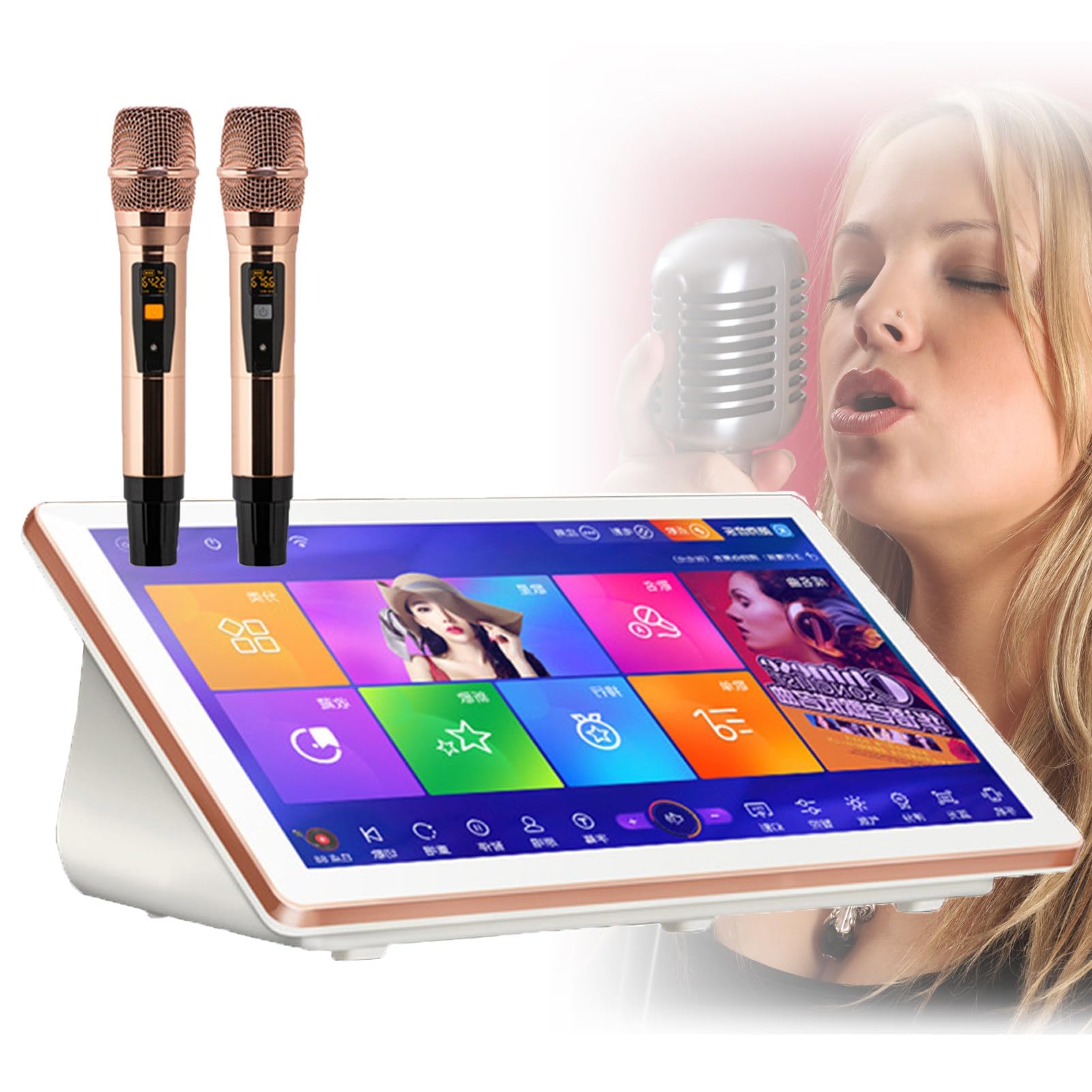Máquina de karaoke 3 en 1 con pantalla táctil de 18.5 pulgadas, 2 micrófonos inalámbricos, actualizaciones de canciones en la nube y visualización de letras para fiestas en casa y bar