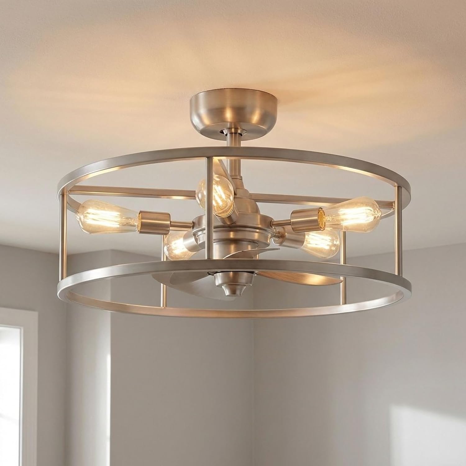 Quoizel New Harbor 5-Light Brushed Nickel Fandelier, Transitional Ceiling Fan with Light, Vintage-Inspired Open Cage Design Flush Mount Ceiling Light, Dimmable LED Bulbs, Remote Included