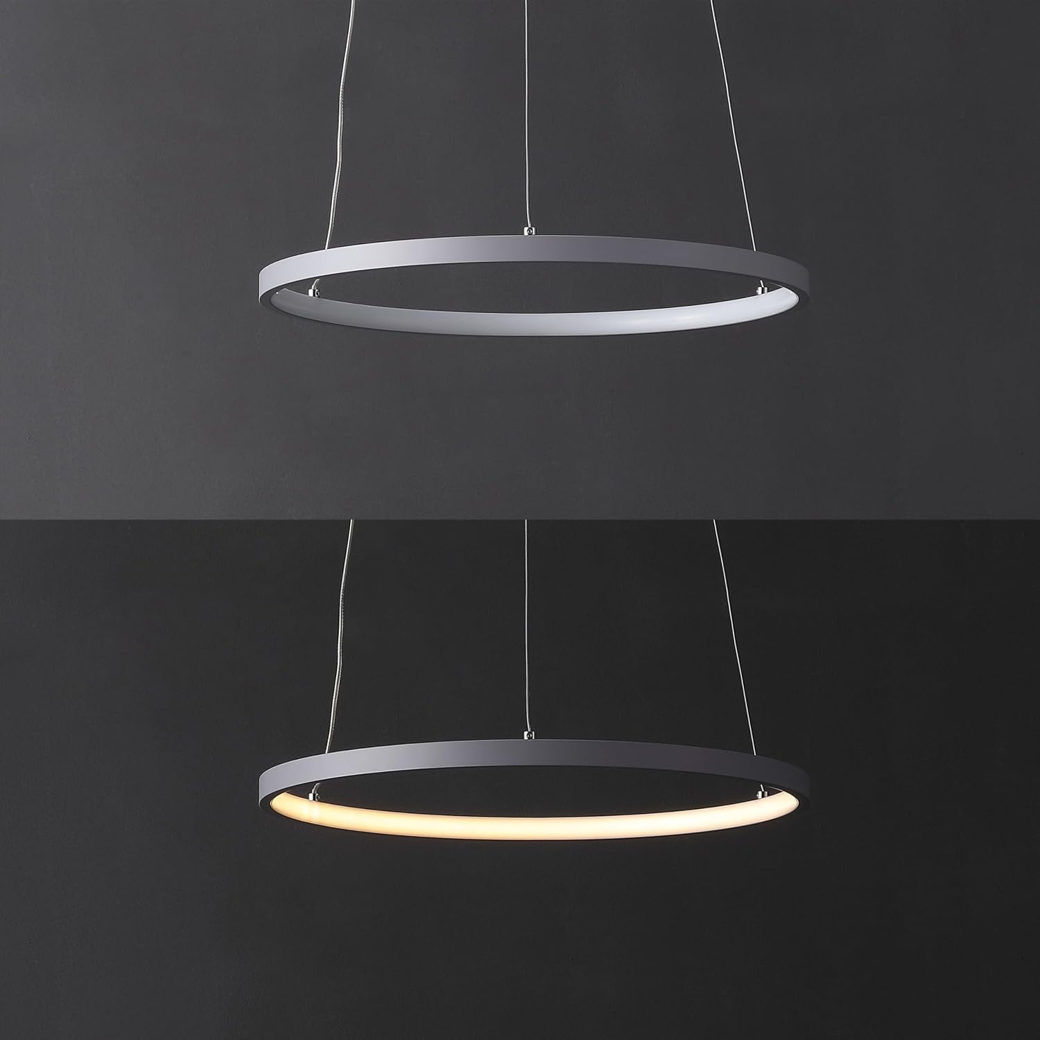 JONATHAN Y 15.75" Gray Modern Integrated LED Pendant Light, Dimmable Round Hoop Chandelier for Kitchen Island, Dining Room, Adjustable Height Metal Hanging Light (JYL7202E)