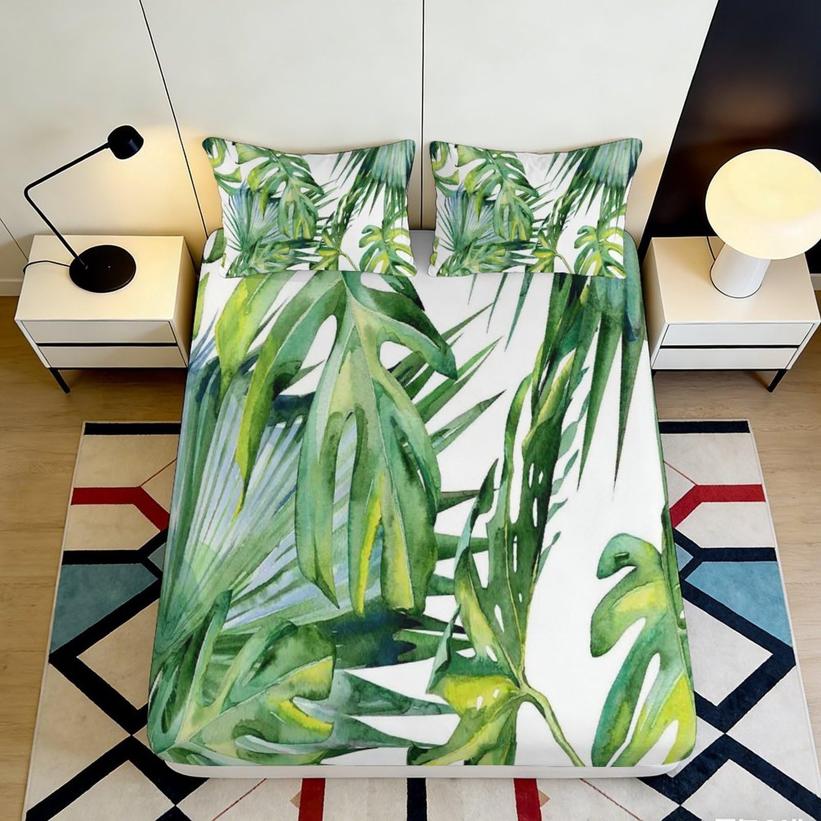3D Printed Tropical Leaf Fitted Sheet Microfiber Green Palm Mattress Cover Anti-Slip Easy Care for Bedroom Guest Room 140x200x25cm