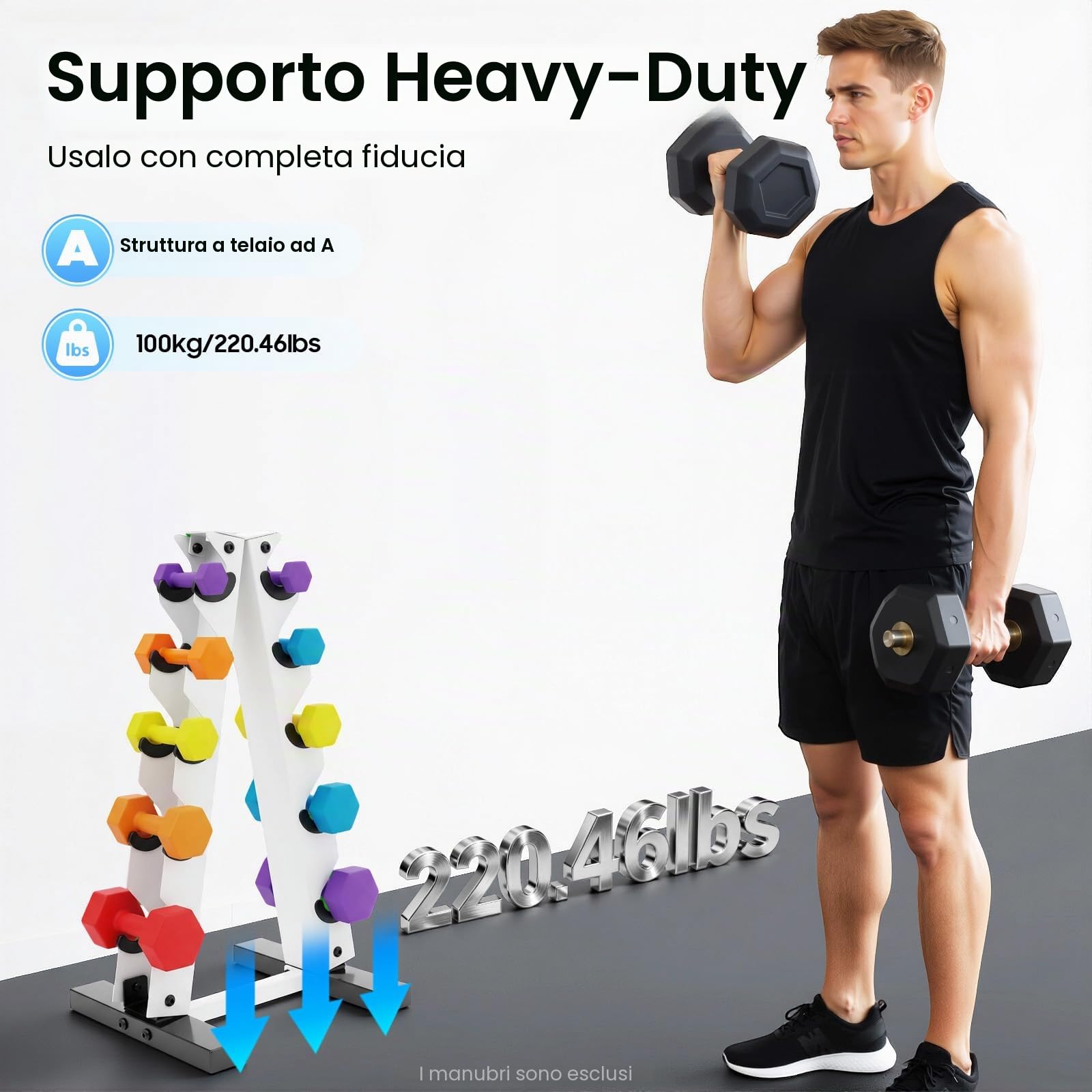A-Frame Dumbell - Supporto per bilancieri, 34 x 32 x 65 cm, salvaspazio, 5 livelli, portata 100 kg, per palestra a casa