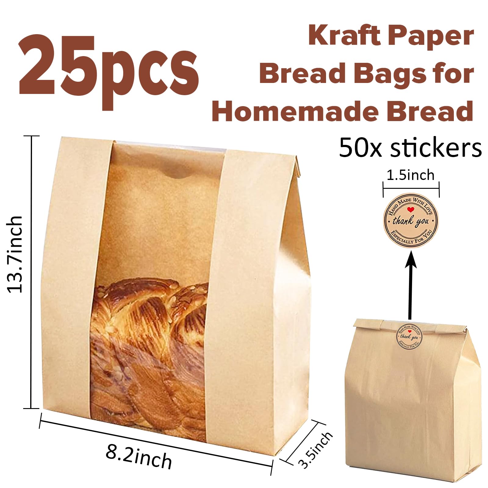 30 Sacchetti Di Carta Kraft Per Pane Fatto In Casa, Con Finestra, 34,8x21,1x8,9 Cm, Più 50 Adesivi - 2