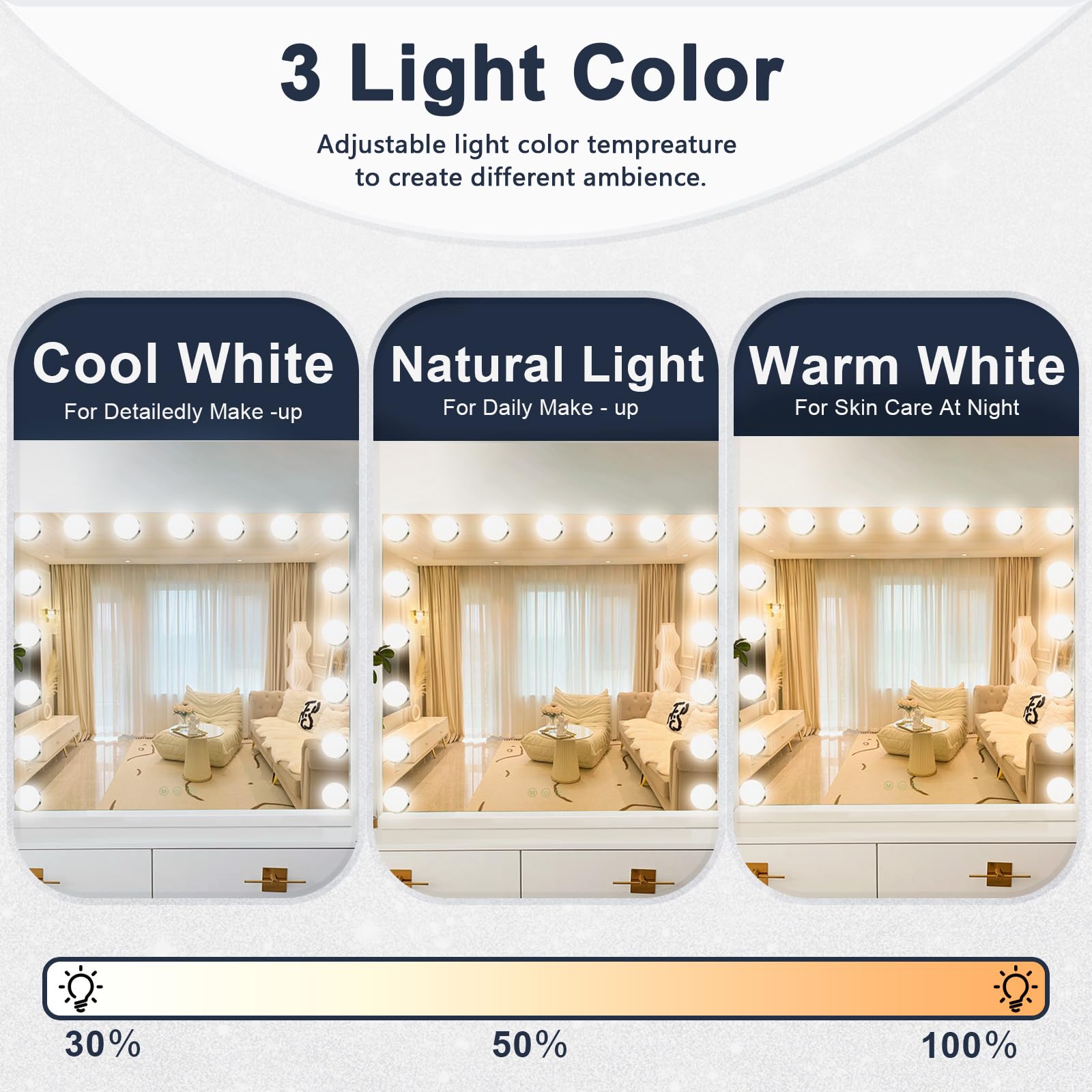 Espejo de Maquillaje con Iluminación LED 17 Luces, Espejo de Tocador Hollywood con Control Táctil y 3 Modos de Temperatura, Espejo de Mesa Grande con Luz LED y Aumento 10X -70x55cm