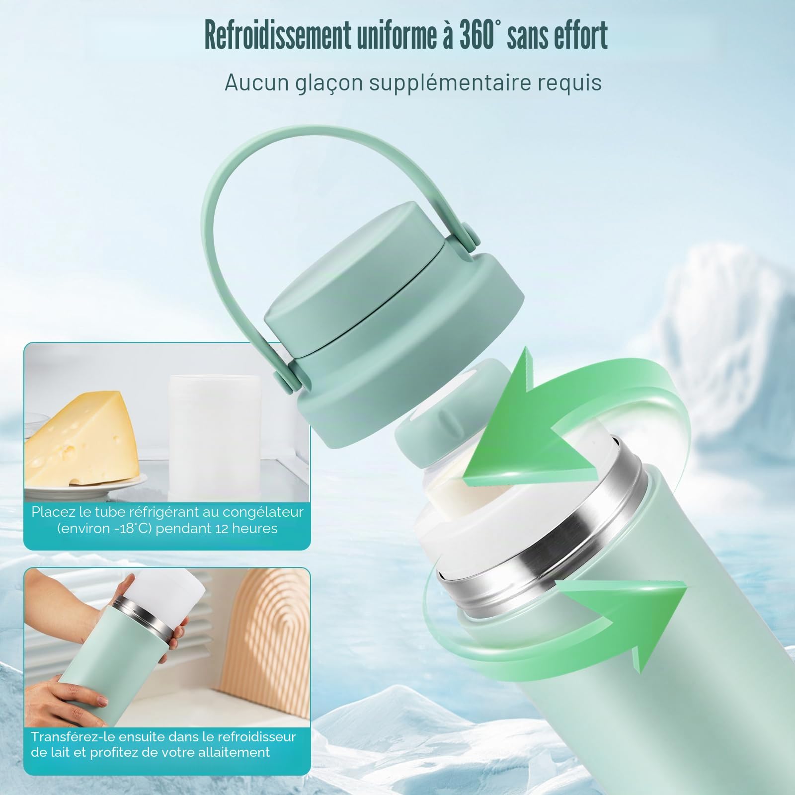 Glaciere Lait Maternel Portable, Bouteille Refroidisseur Lait Maternel 620ml, Pot Conservation avec 2 Biberons 300ml, Refroidissement à 360° Fraîcheur 24h, pour Allaitement Garderie Travail Voyages