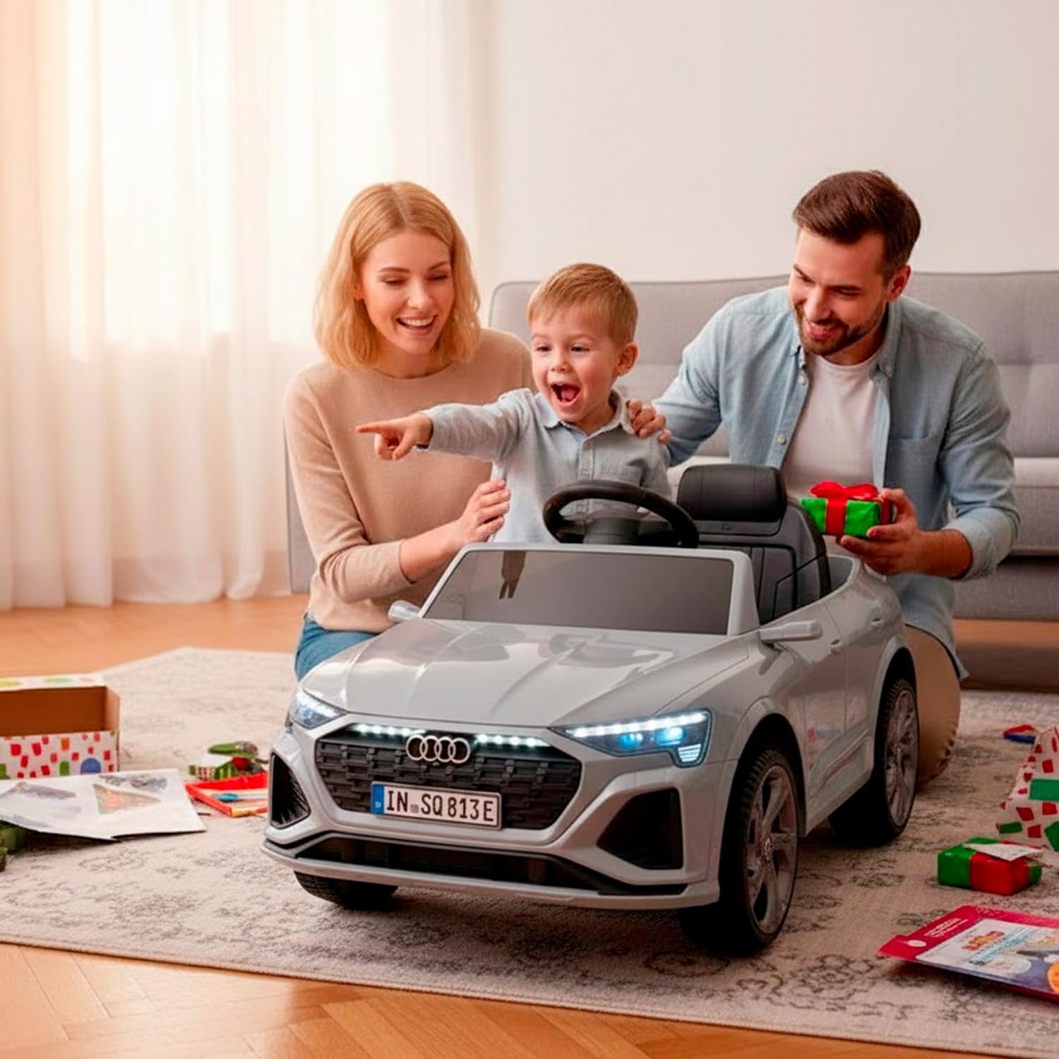 BRICOZONE Auto Elettrica per Bambini Audi SQ8 E-Tron 12V con Telecomando Parentale Soft Start Sedile in Pelle Ruote EVA Luci LED MP3 Porte Apribili Grigio