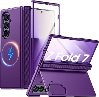 Vizvera for Samsung Galaxy Z Fold 7 Case with Magnetic Power [Hidden Kickstand][Screen Protector][Hinge Protection] Slim Shockproof Protective Phone Case for Galaxy Z Fold 7Matte Purple