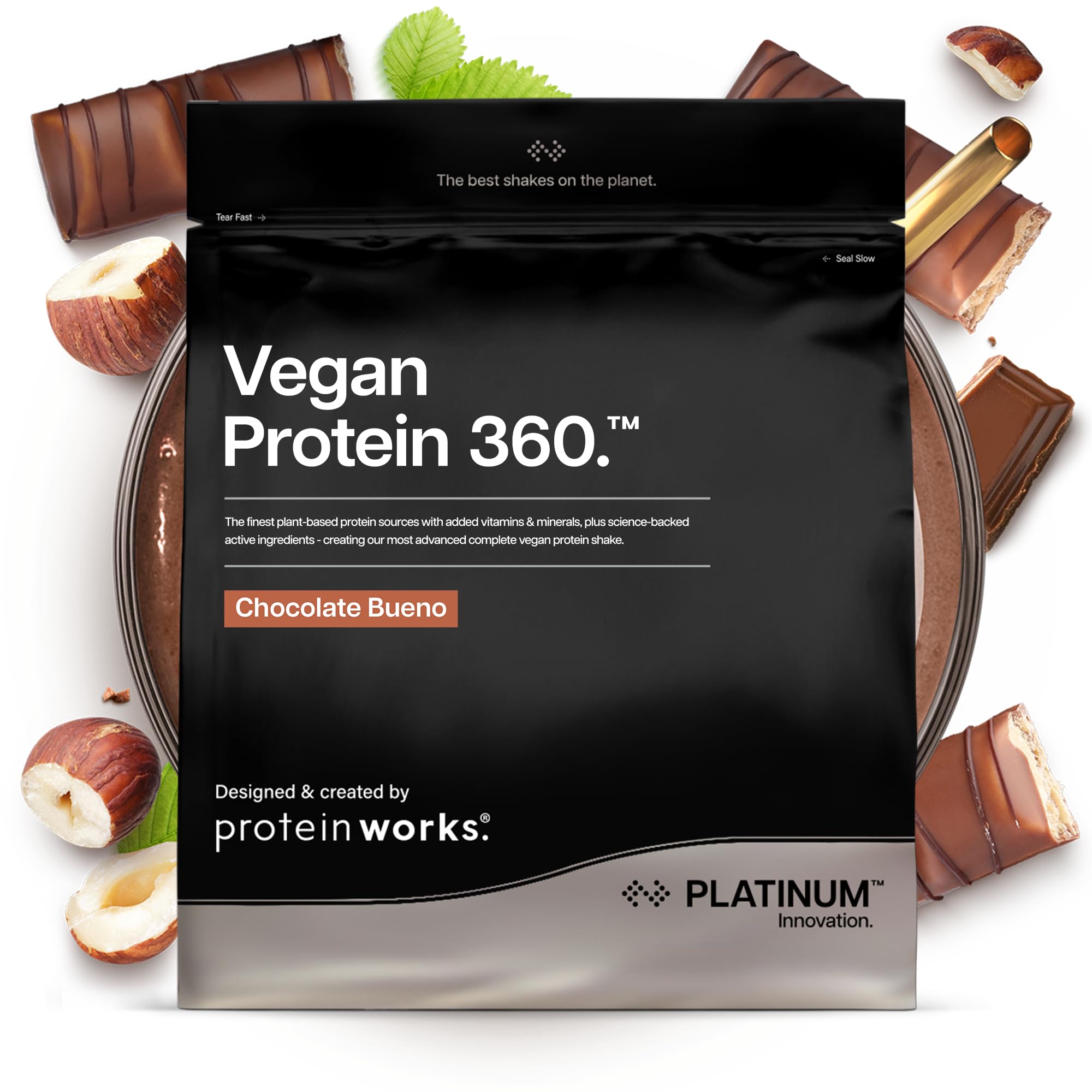 Protein Works | Vegan Protein 360 - Platinum Innovation, Premium Vegan Protein Powder, Plant-Based Protein Shake, Essential Vitamins & Minerals, Low Sugar, Chocolate Bueno, 28 Servings, 1kg