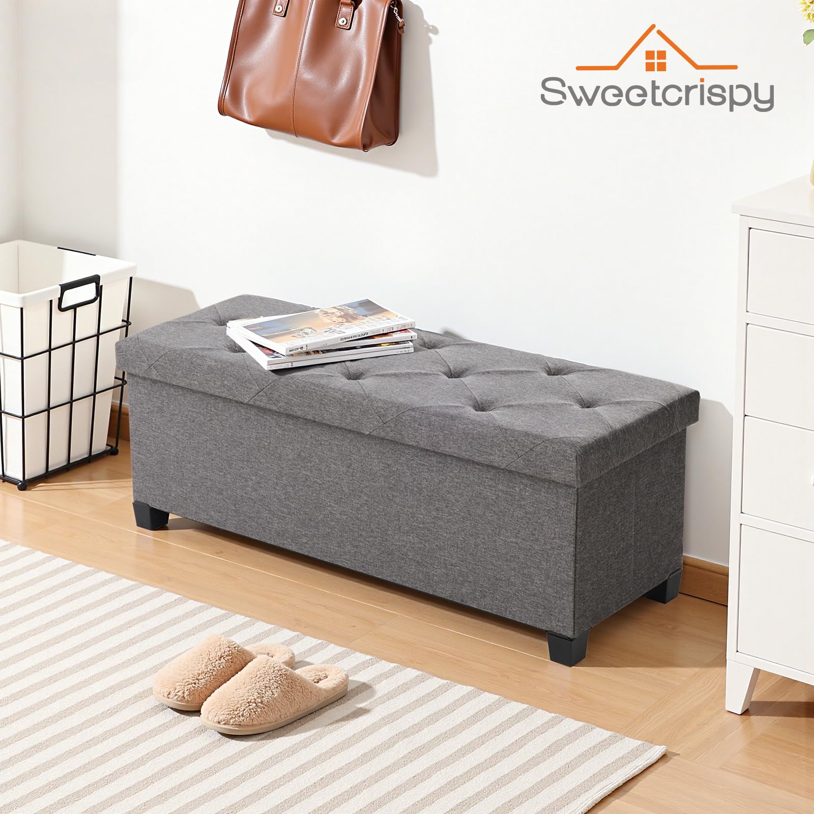 Sweetcrispy Panca con vano portaoggetti, panca con gambe, 110 x 38 x 38 cm, pieghevole, contenitore con coperchio, portata fino a 300 kg, per soggiorno, camera da letto, corridoio, grigio scuro