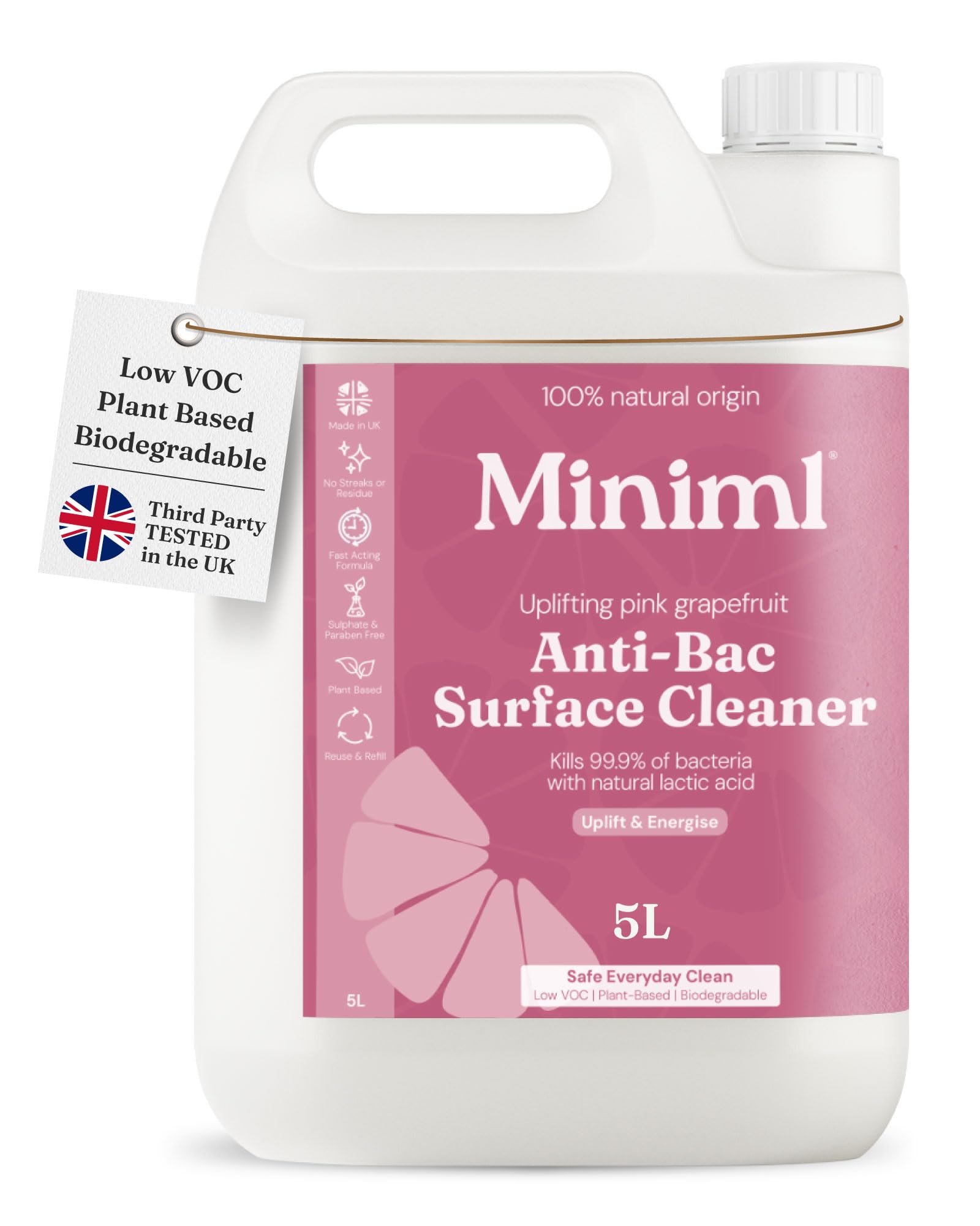 Miniml Antibacterial Surface Cleaner 5L Refill – Grapefruit Scented Multi-Purpose Disinfectant, Natural Plant-Based, Vegan & Cruelty-Free Anti-Bac Cleaning Formula Bulk Buy