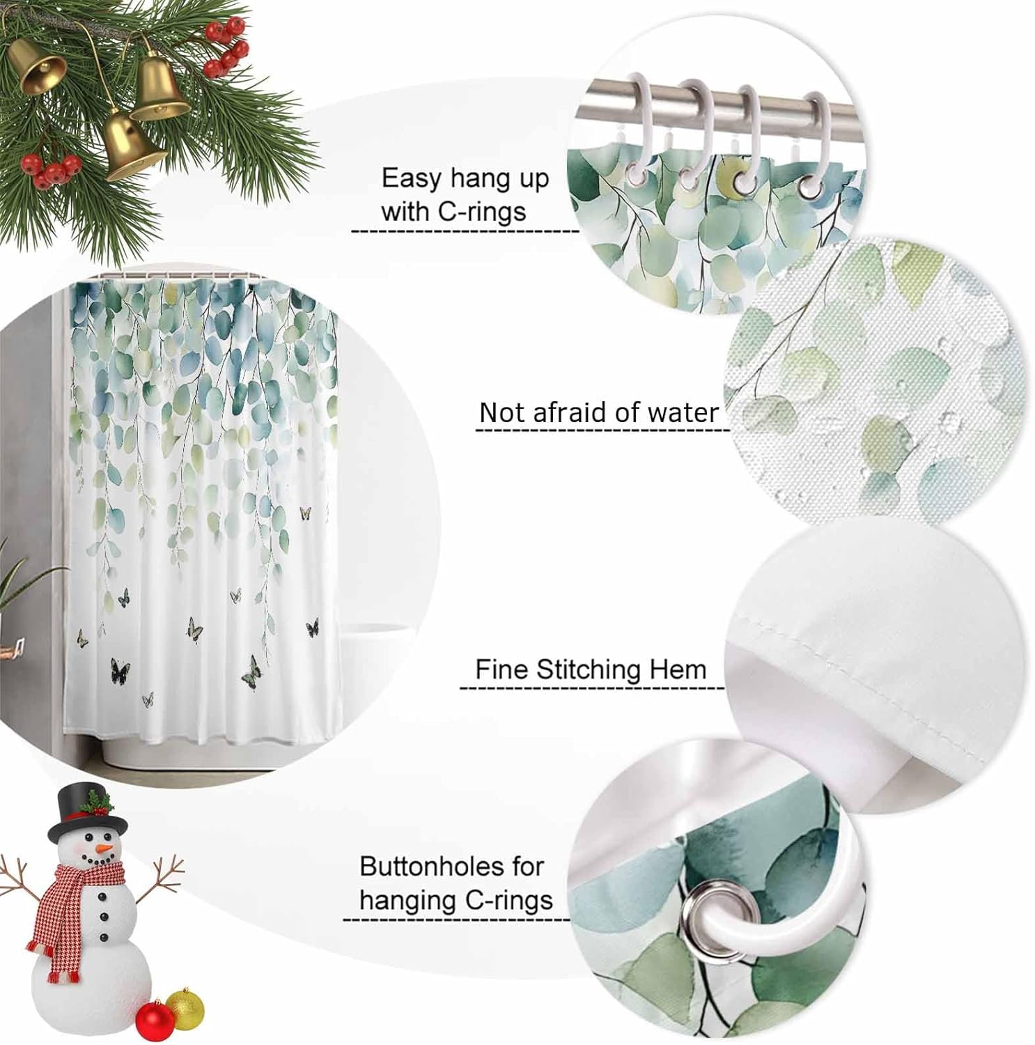 72x78 Inch Shower Curtain Blue Green Eucalyptus Bathroom Decor, Waterproof Fabric Bathtub Bath Curtains Decorative Sage Gradient Leaves Butterfly Extra Long Shower Curtain Set with Hooks