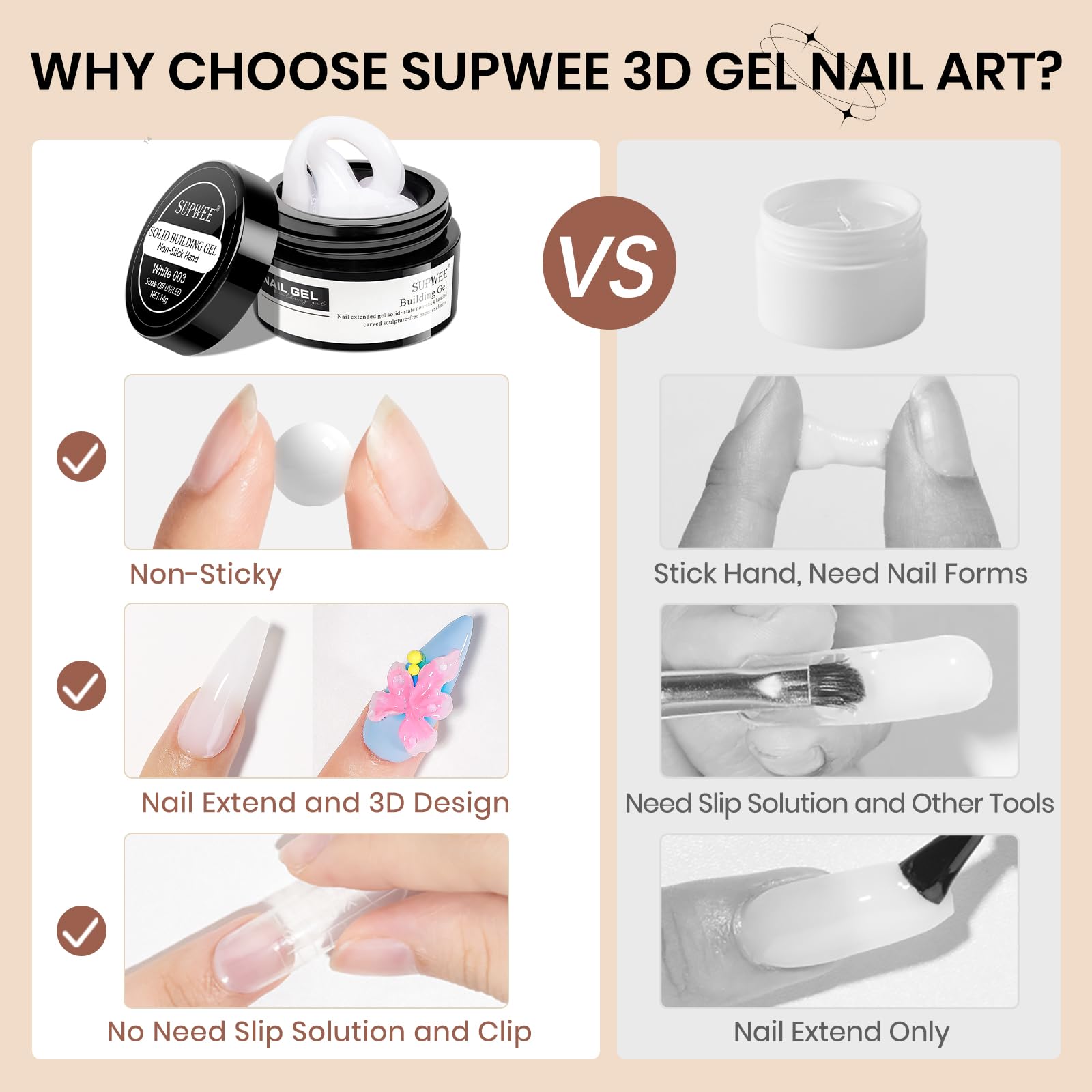 SUPWEE Żel 3D Nail Art do paznokci, żel scuplting z wzorem biały | Nieklejący, solidny żel budowlany z wzorem pędzla do paznokci, tłoczenie, twardy salon "zrób to sam" w domu, 14 g