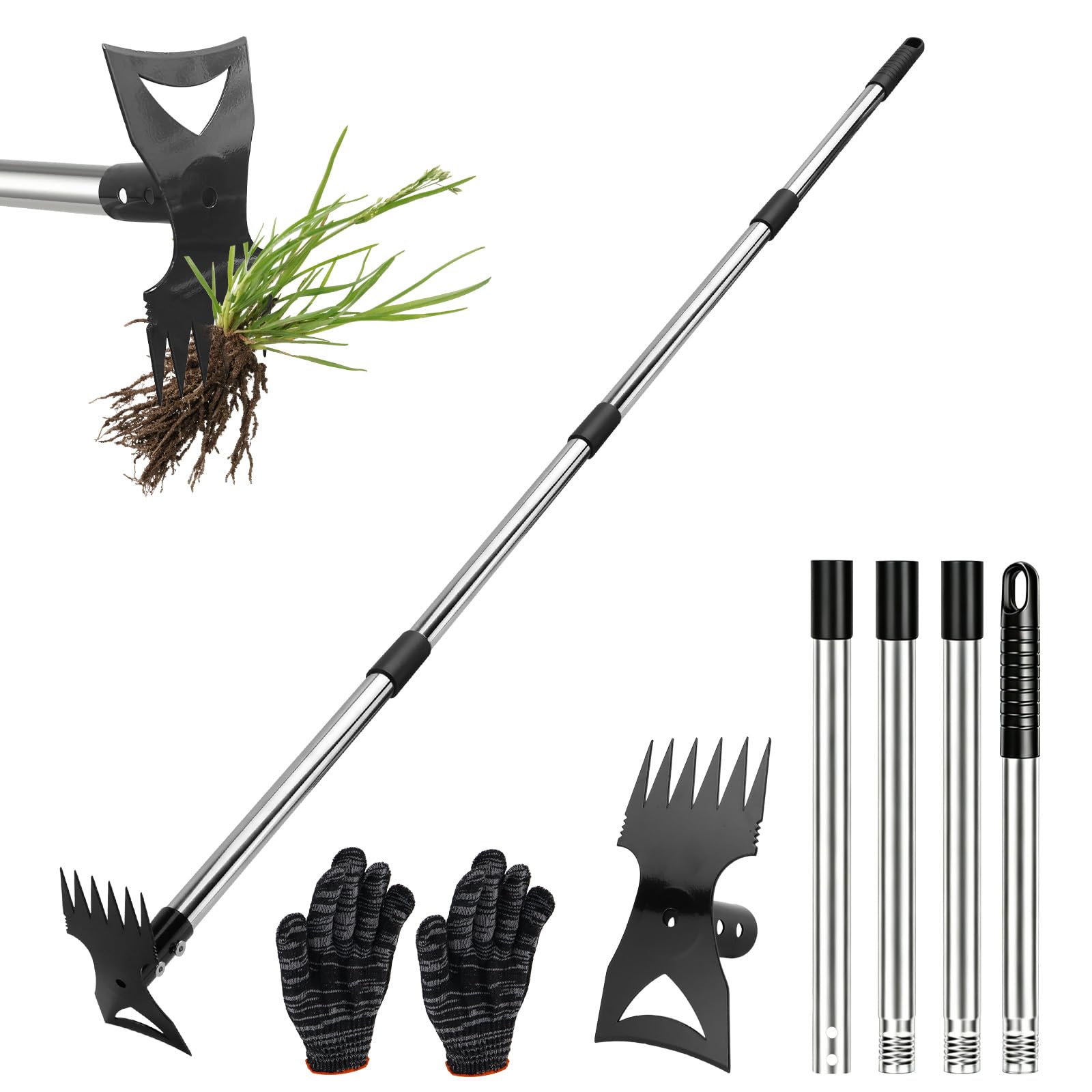 Serfouette Jardinage 148 cm Houe de Jardin 2 en 1 avec Griffe de Jardin Dents, Binette Jardinage Manche Long, desherbeur pour Cour, pelouse, terrasse, Jardin