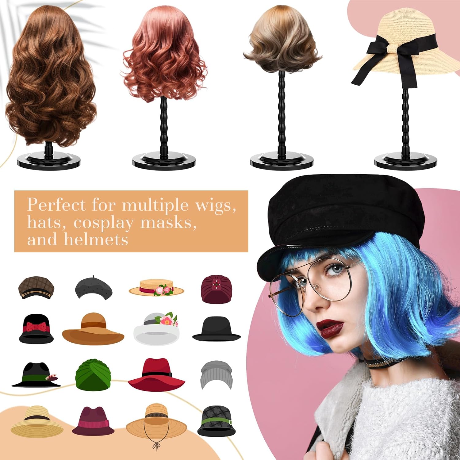 Geelin 4 Pcs Wig Head Stand for Display Multiple Wigs Mannequin Head 13.8 Inch Portable Stable Non Slip Hat Display Stand Travel Wig Holder for Styling DIY Practice Hat Holder (Black)
