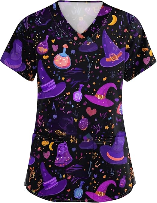 OIOLOYJM Halloween Christmas Scrub Tops Women Printed V Neck Short Sleeve Plus Size Scrubs for Womens Shirts with Pockets
