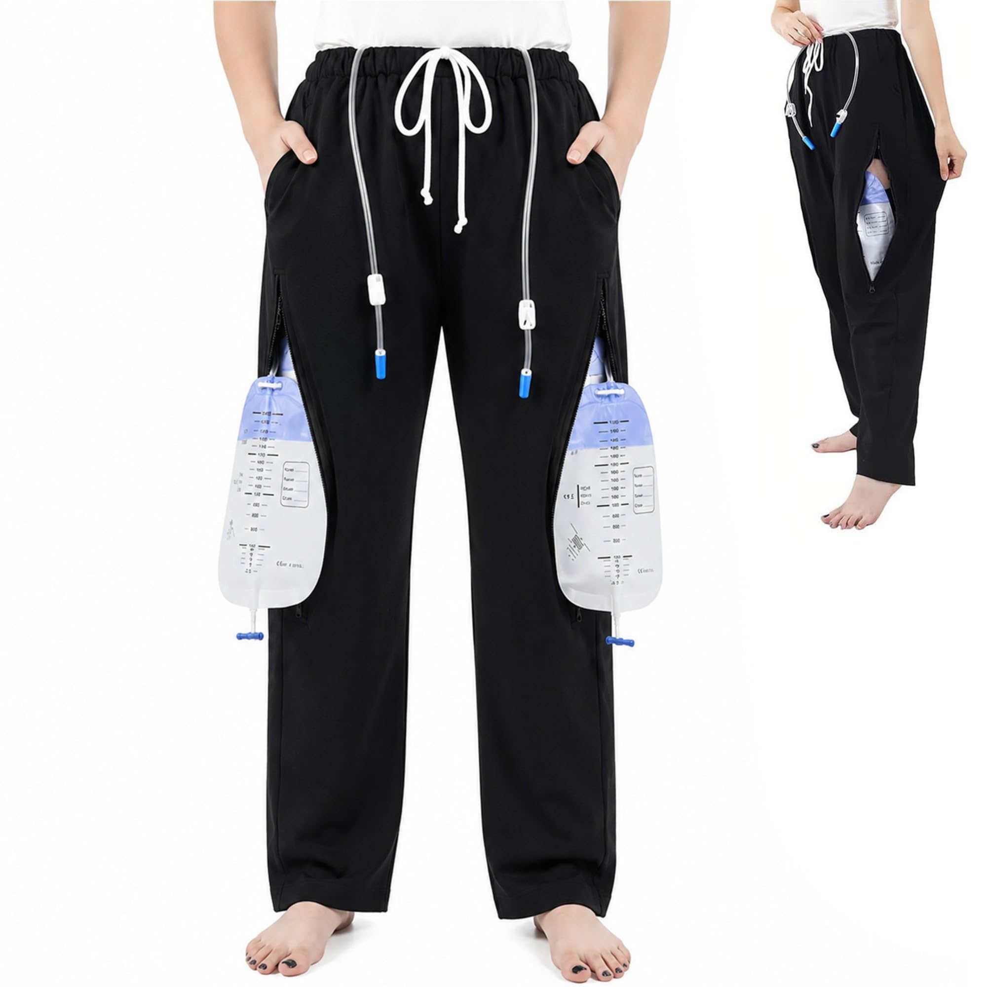 Pantaloni per Catetere per Uomo E Donna, Pantaloni per Sacca Urinaria in 100% Cotone con Due Tasche con Cerniera Nascosta, Pantaloni di Supporto per Nefrostomia Regolabili