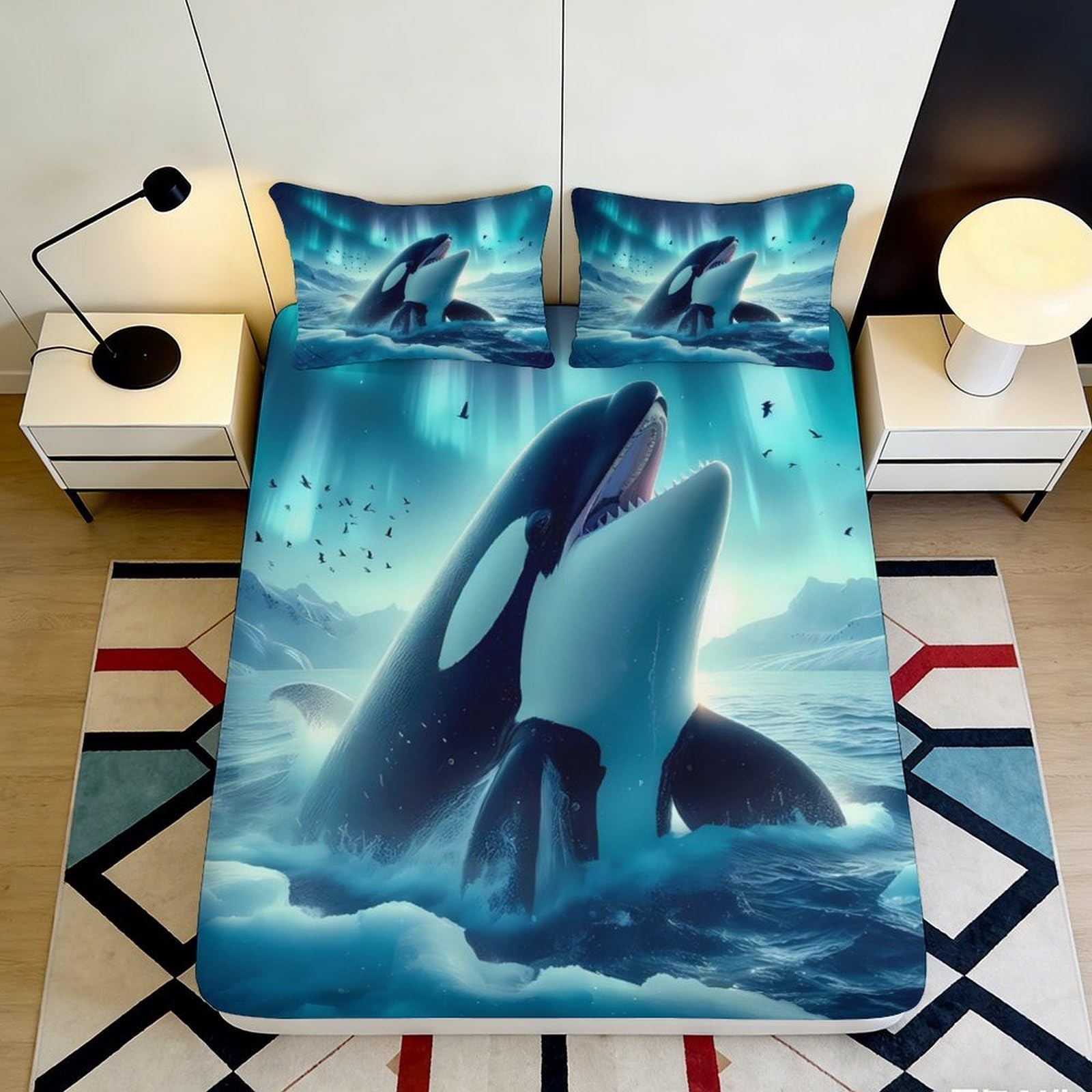 3D Printed Ocean Whale Fitted Sheet Microfiber Soft Breathable Aurora Mattress Cover for Bedroom Dorm Mattress Protection Decor 90x200x25cm