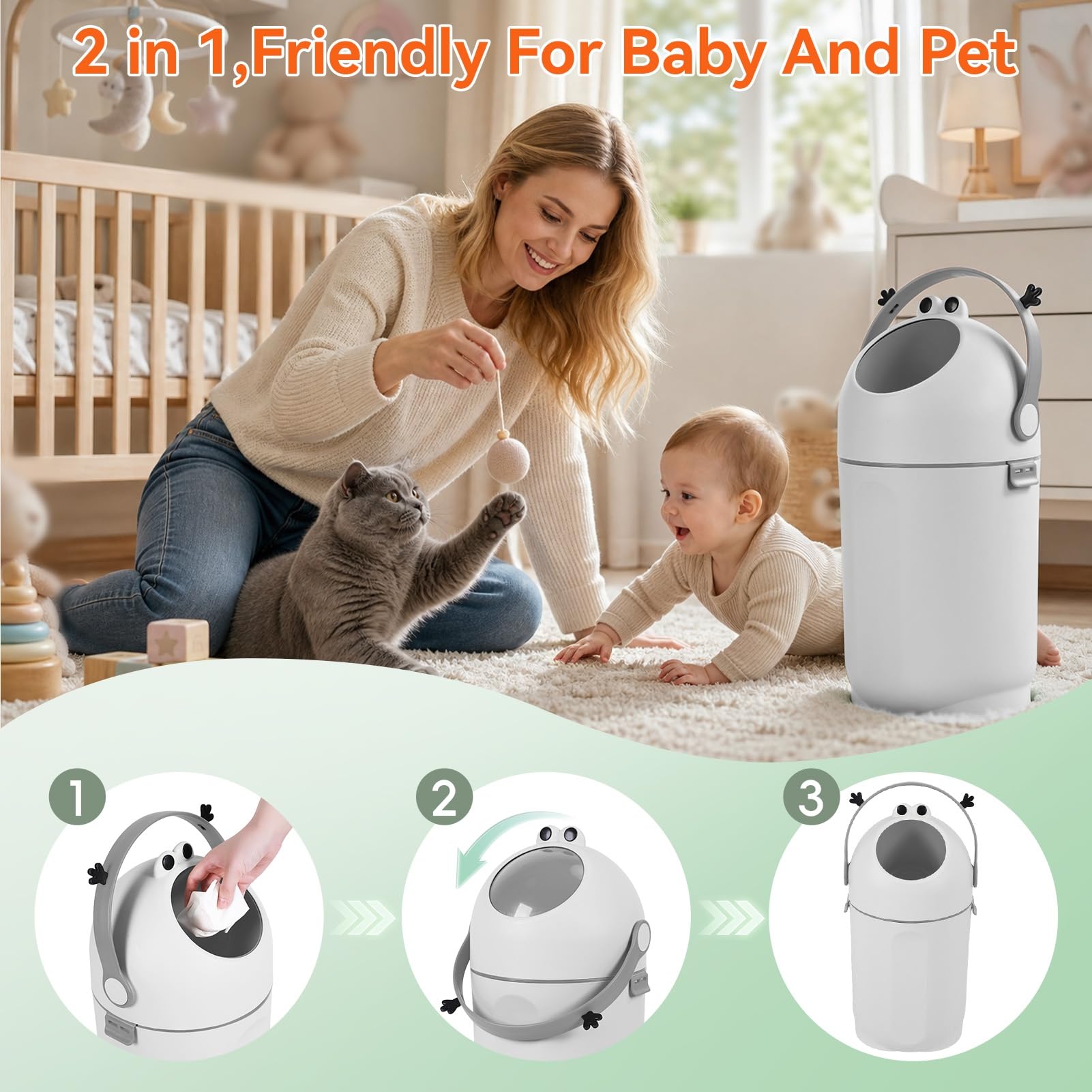 Windeleimer 15L, Geruchsdichter Mülleimer für Babywindeln, Mit Drehverschluss & Kindersicherung, Platzsparender Abfalleimer für Kinderzimmer Bad & Wohnzimmer, 55cm Hoch Grau