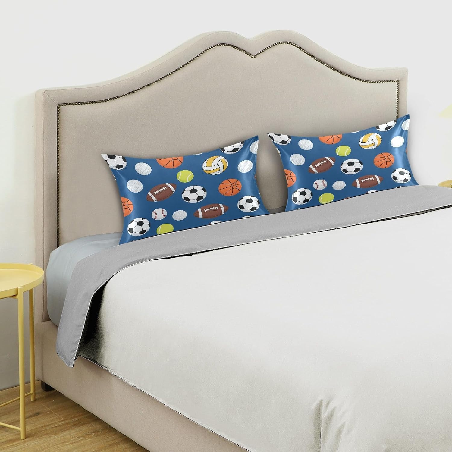 Sports Balls Blue Pillow Covers Silk Pillowcase for Hair and Skin Breathable Soft Satin Pillowcase Standard Size Pillow Case for Girls Boys Room, 20x26 Inch