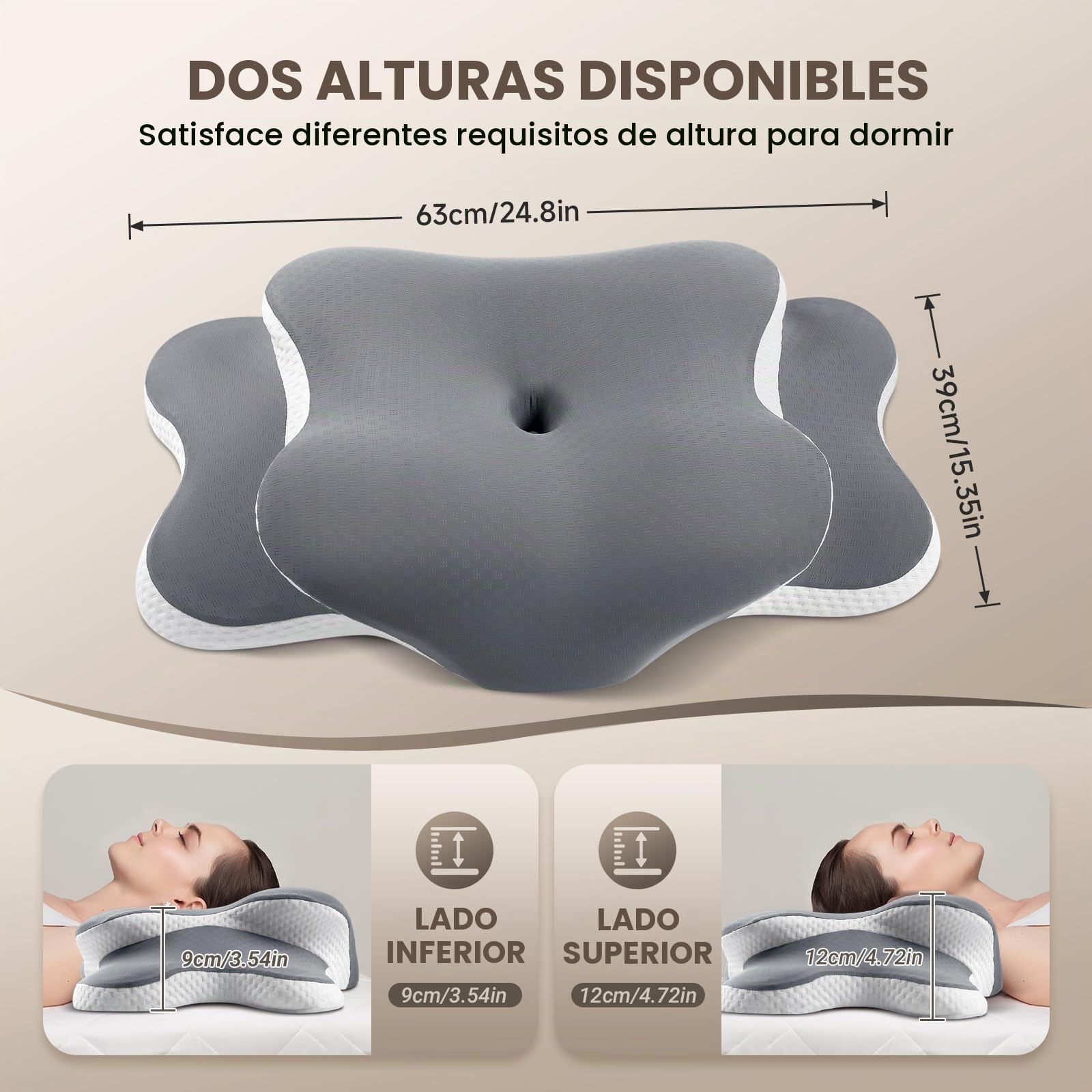 A-Pce Almohada Cervicales y Cuello para Dormir, Gris Claro | Almohada Ergonómica Tipo Mariposa, de Espuma Viscoelástica Transpirable,Ideal para Quienes Duermen de Lado o Boca Arriba