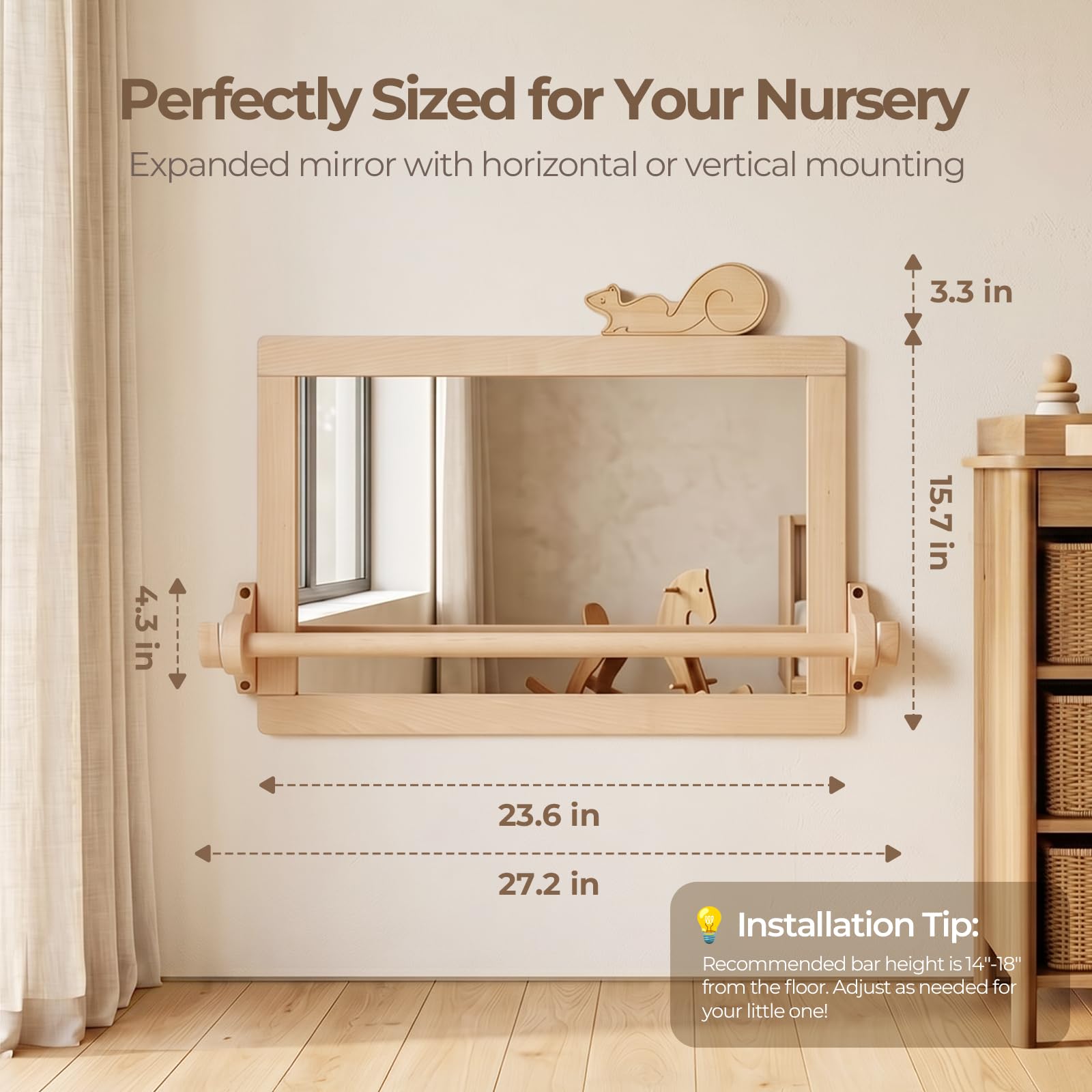 Hi Baby MONMENT Montessori Miroir avec Barre, Cadre en Bois Amovible, sécurité incassable, Support Mural, Miroir pour bébé