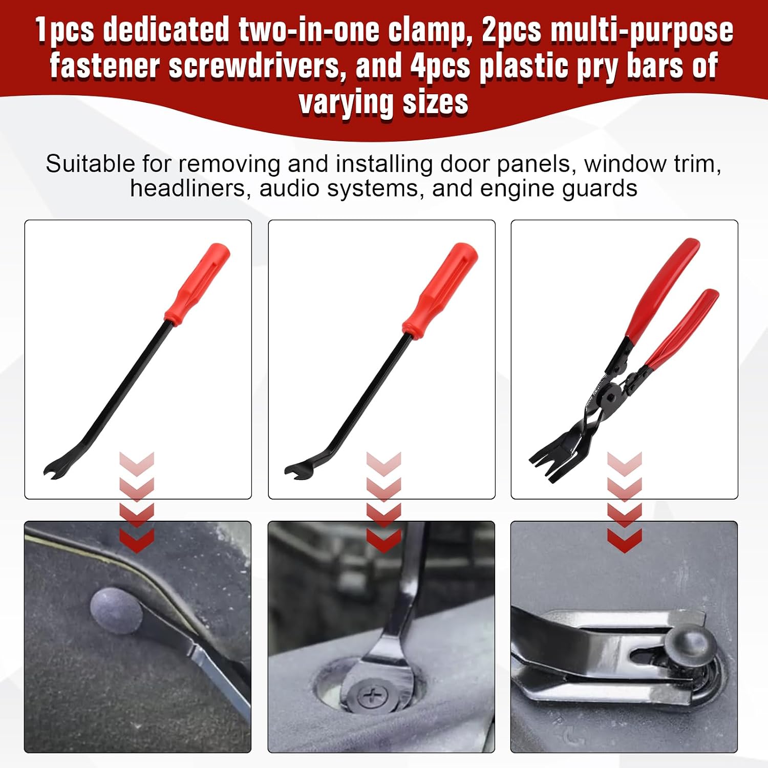 7 Pack Car Trim Removal Tool Kit with Non-Scratch Plastic Pry Tool and Fastener Clip Pliers for Door Panel Dashboard Body, Auto Upholstery Car Fastener Clip Pliers Remover Tools Repair Kit