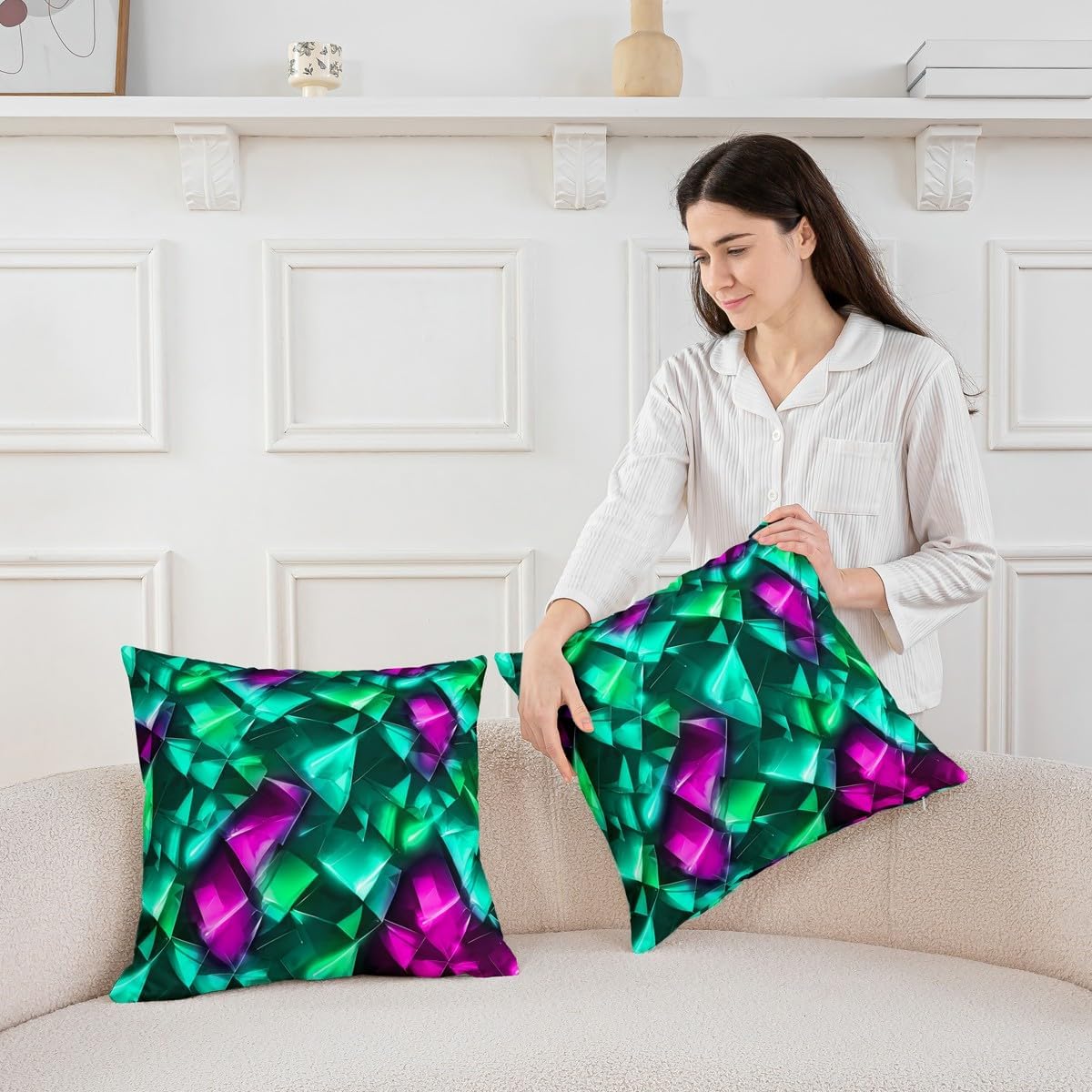 Erosebridal Teal Purple Neon 24x24 Inch Throw Pillow Cover Abstract Decorative Modern Simple Pattern Cushion Cover Reversible 3D Pattern, for Boys Kids Adults Teens Decorative Square Pillowcase
