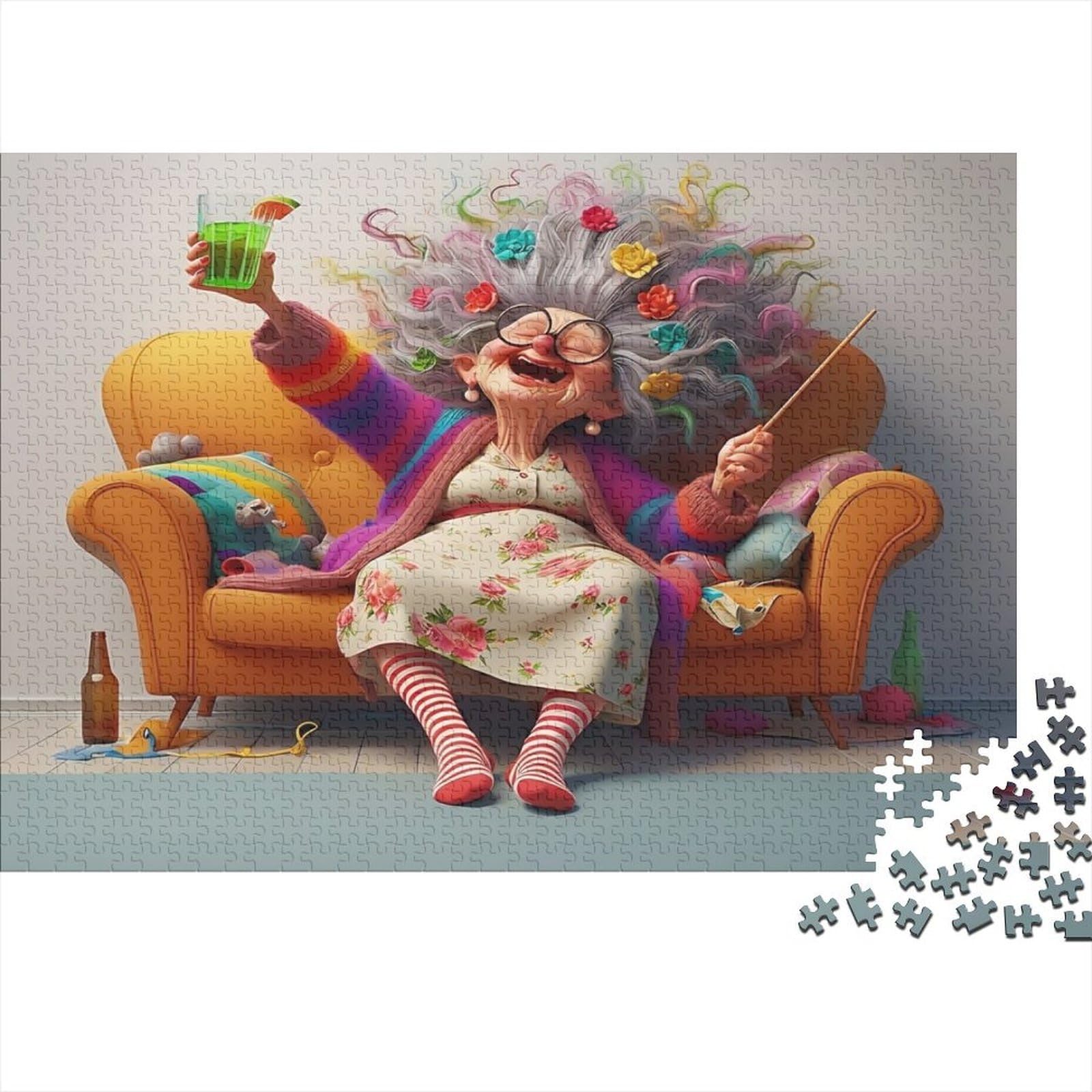 Happy Elderly Woman Relaxing Sofa 1000 Pieces Puzzle For Adults Paper Jigsaw Puzzles 1000 Pieces for Adults Colorful Home Life Gift for Stress Relief Focus 52x38cm/1000pcs