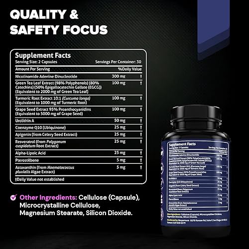 Miniatura 7 de Suplemento de resveratrol NAD+ - Fórmula de longevidad con nicotinamida adenina dinucleótido con CoQ10, fórmula antienvejecimiento de apigenina y