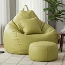 4XL Bean Bag Chair with Footrest & Cushion | Pre-Filled Beans | PVC Leatherette Lounger Sofa | Indoor & Outdoor Bean Bag with Pocket & Handle | Double Stitching | 6 Months Warranty Color- (Green) gallery image