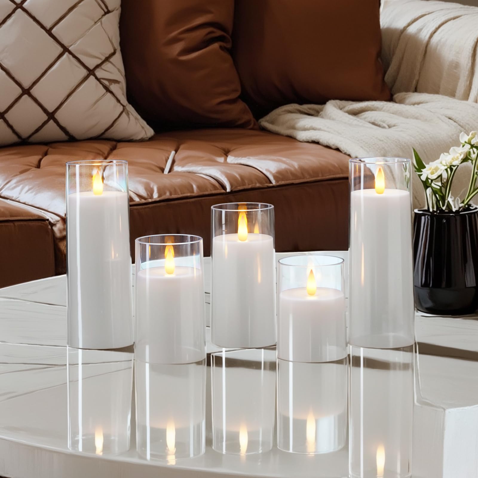 Homemory Candele realistiche tremolanti a batteria, finte candele elettriche a LED con telecomando e timer, candele senza fiamma per la casa, decorazione natalizia, bianco, set di 5