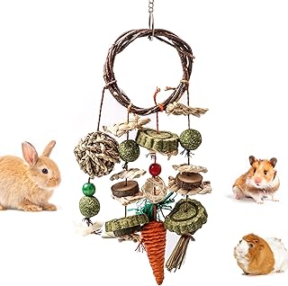 Grddaef Rabbit Chew Toy, Bunny Cage Hanging Toy Rattan Ring Treats Grinding Teeth for Rabbit Guinea Pig Chinchilla Hamster Ferret