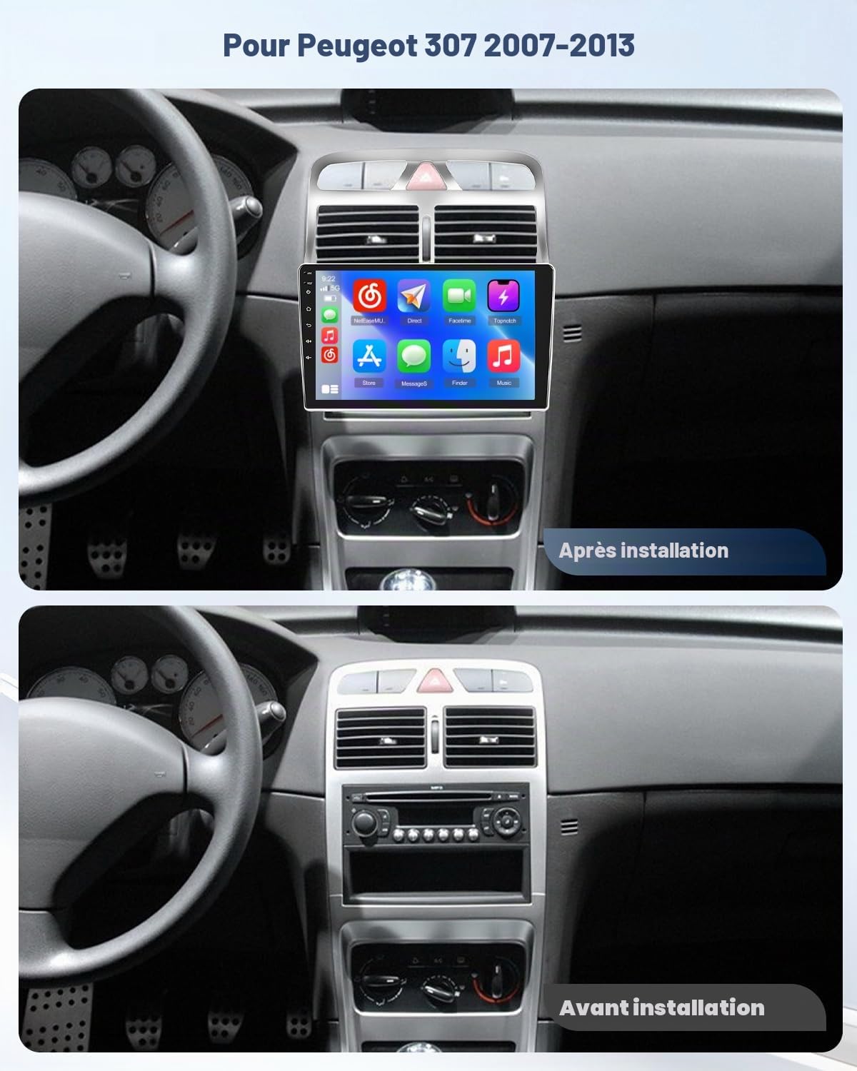 Roinvou Autoradio pour Peugeot 307 2007-2013 sans Fil CarPlay Android Auto MirrorLink, 9 Pouces Écran Tactile Radio avec Bluetooth EQ FM UI SWC Camera de Recul