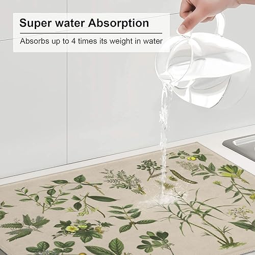 Vista 31 de Tapete de secado de platos de hojas florales verdes para encimera de cocina, 18 x 24 pulgadas, tapete absorbente reversible para platos Hoja floral