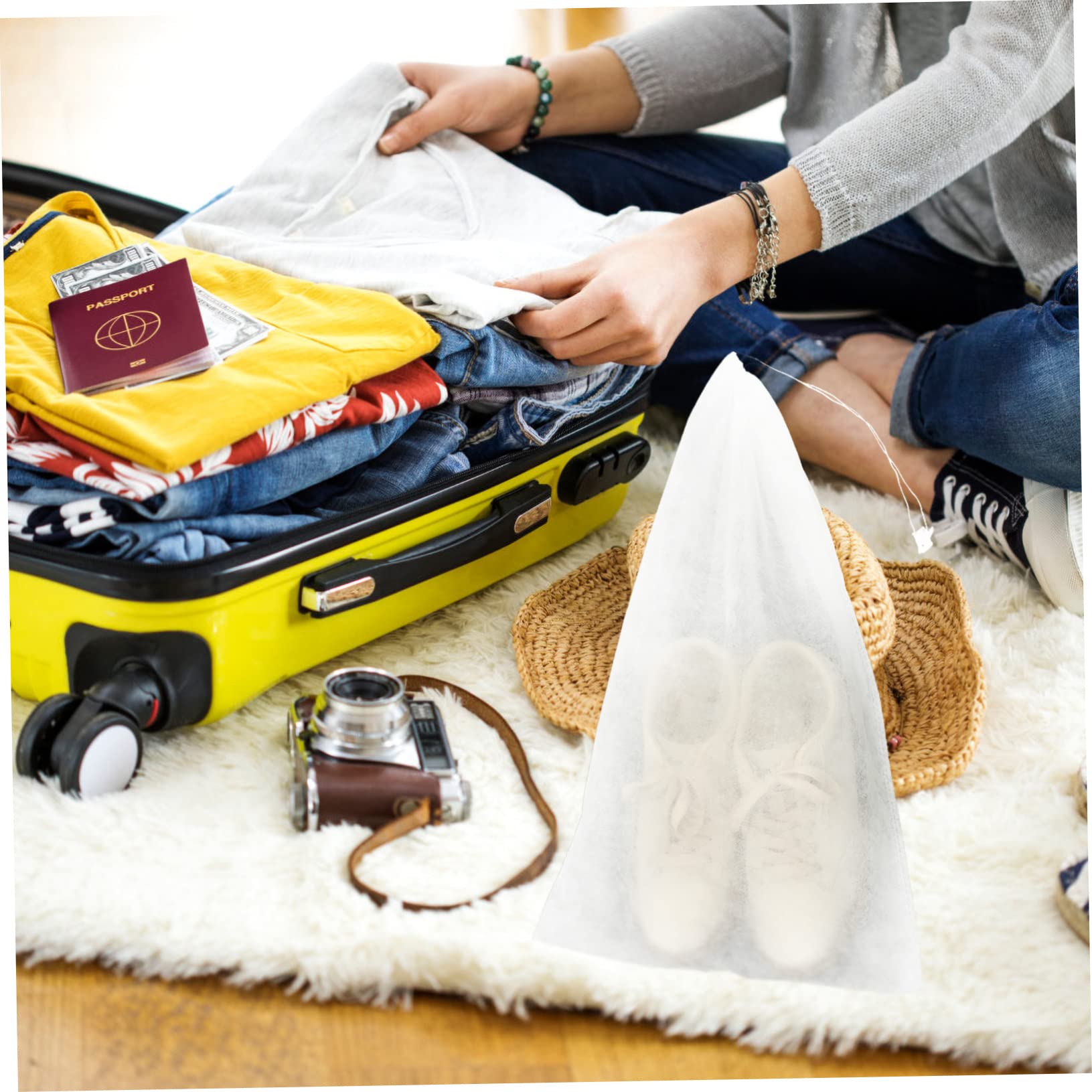 Healeved Sacchetti Porta Scarpe da Viaggio Coulisse Bianco 50 Non Tessuto Organizer Multifunzionale per Pantofole e Scarpe da Trekking, per Viaggio e Conservazione