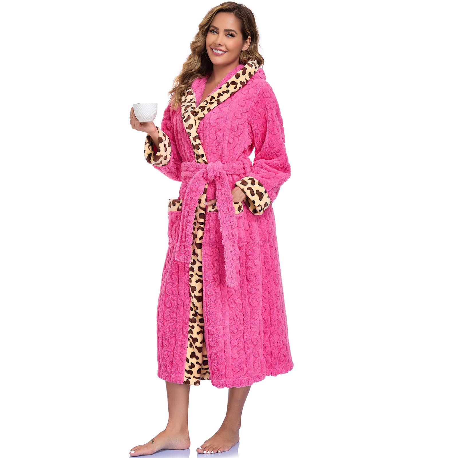 RONGTAI Accappatoio Donna con Cappuccio in Pile Loop, Stampa Leopardata - Morbido, Caldo ed Elegante, Tendenza Moda per Casa, SPA e Regalo