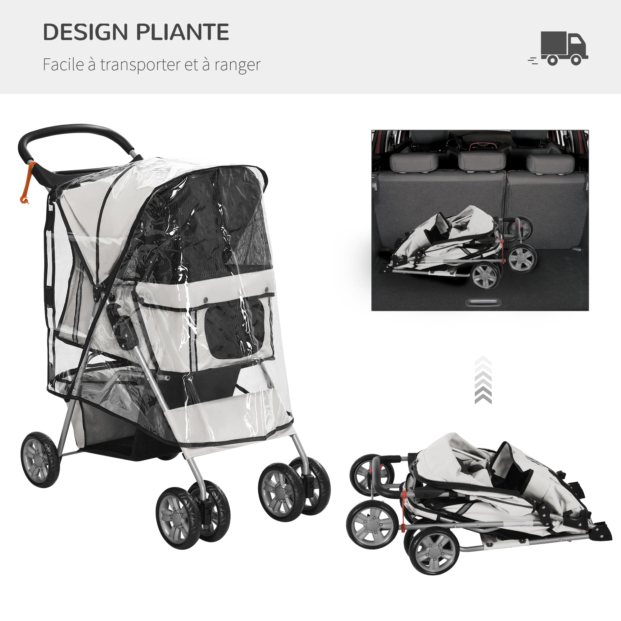 PawHut Poussette Buggy Pliable Animaux, Chariot Pliante Imperméable pour Chien et Chat, Porte-Gobelet, Panier de Rangement Inclus, Roues avec Frein, Tissu 600D Oxford, Toit Amovible Incluse, Gris