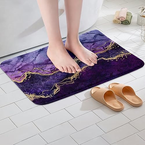 Miniatura 3 de Alfombra de baño de mármol morado, alfombra de baño abstracta dorada y púrpura, alfombra de arte fluida de tinta iridiscente, alfombra de arte