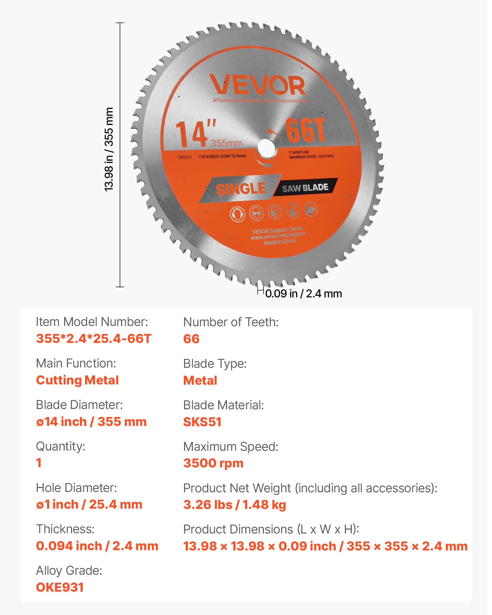 VEVOR Lame de scie circulaire, Ø 355 mm, lame de coupe pour scie circulaire, 66 dents alliage, arbre 25,4 mm, finition soignée, avec évents de chauffage antibruit, pour couper aluminium, acier, métal
