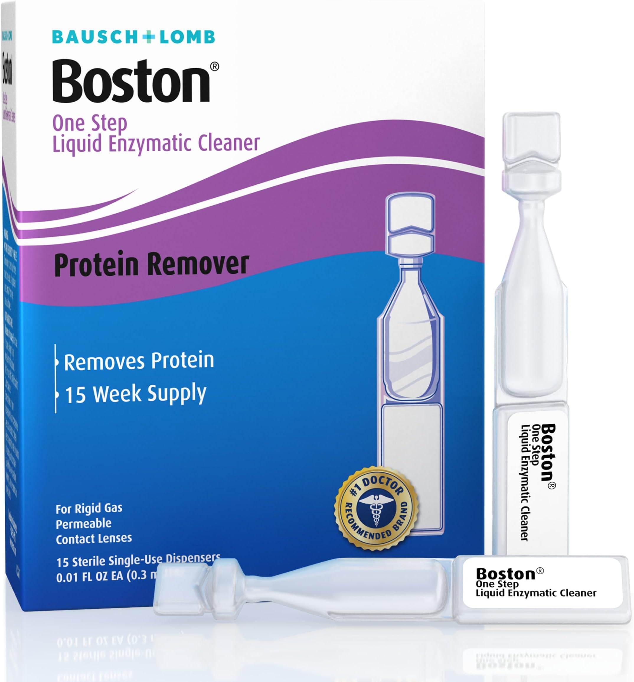 Boston One Step Liquid Enzymatic Cleaner from Bausch + Lomb, 15 Sterile Single-Use Dispensers