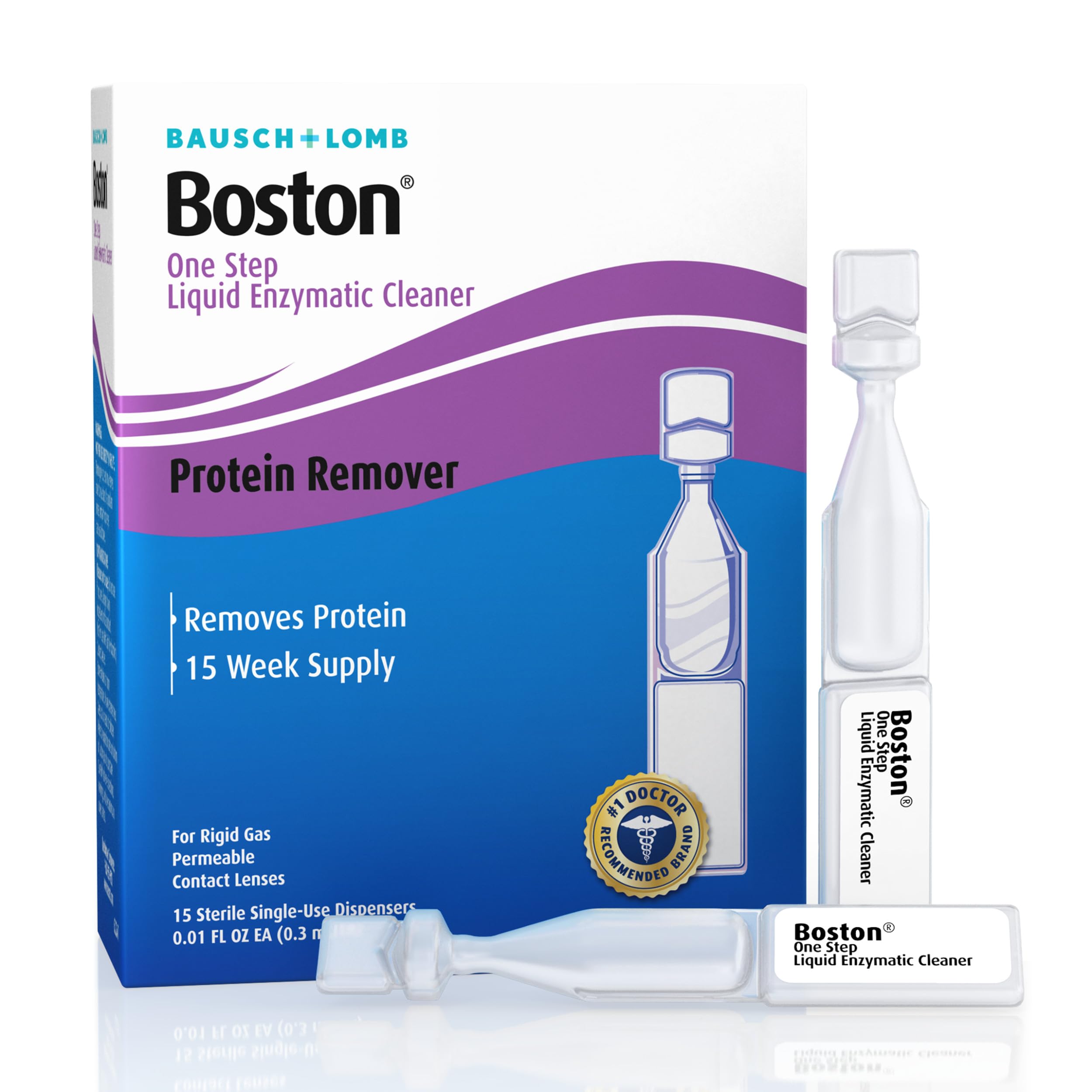 Boston One Step Liquid Enzymatic Cleaner – from Bausch + Lomb, 15 Sterile Single-Use Dispensers