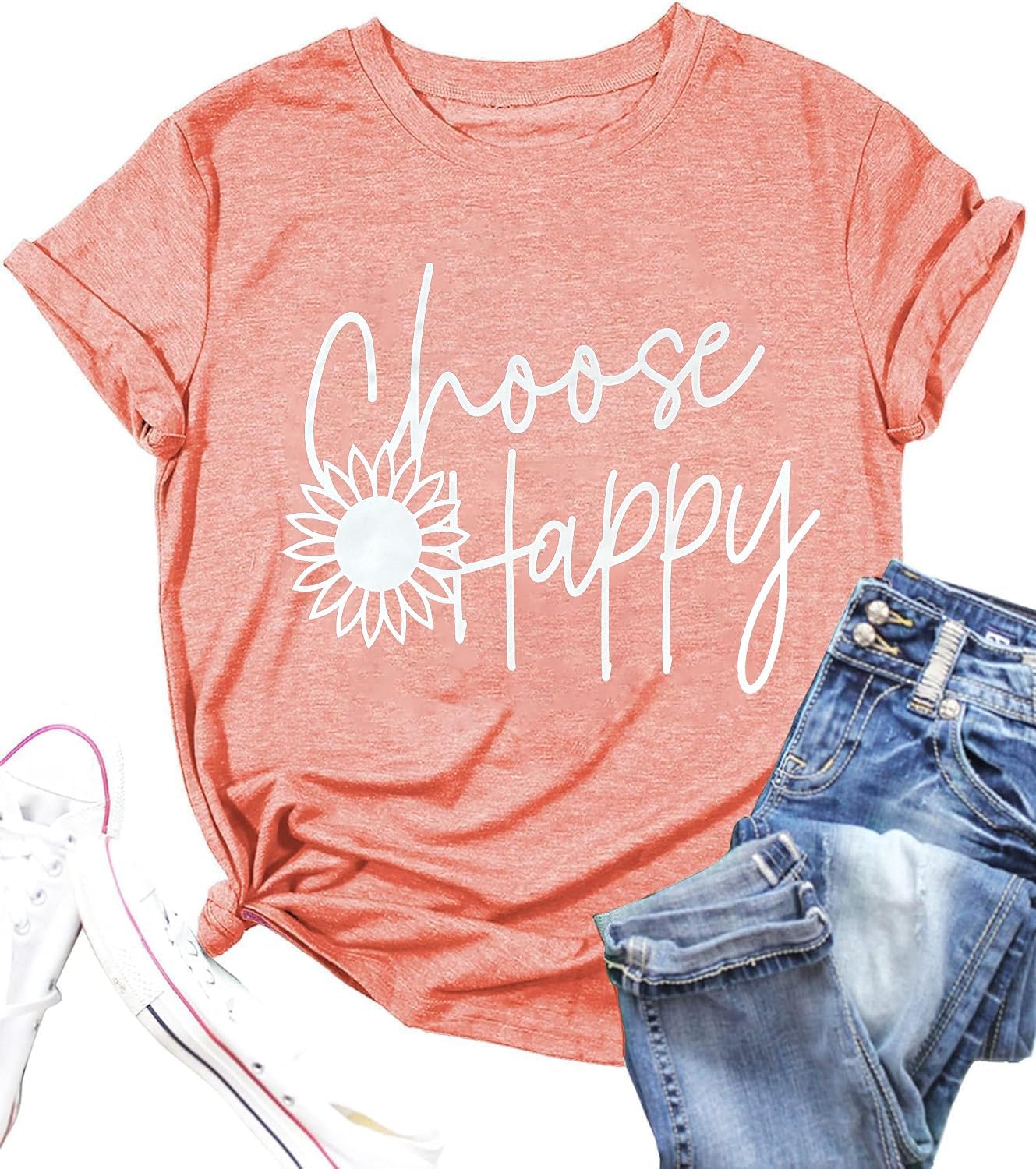 Graphic Tees for Women Choose Happy Letter Print Sunflower Women T Shirt