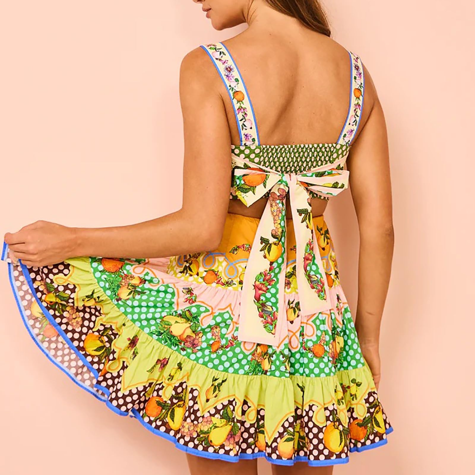 Abito Estivo Boho Donna, Senza Maniche con Spalline Sottili, Stampa Floreale, Patchwork, Legato Dietro, Casual Chic