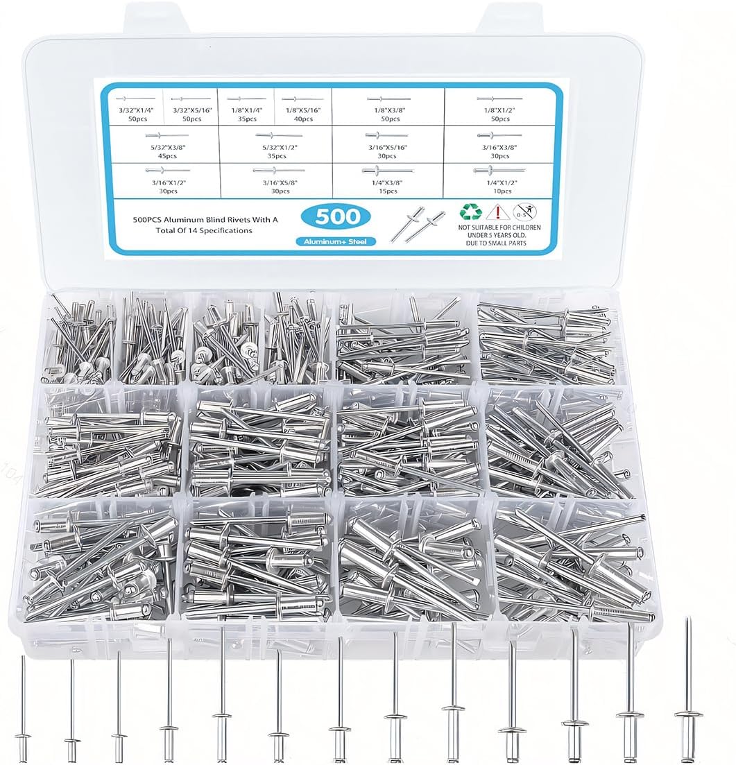 500PCS Pop Rivets Assortment Kit, 14 Sizes Pop Rivet Aluminum Assorted Blind Rivets Including 3/32" 1/8" 5/32" 3/16" 1/4" for Metal Dome Head Rivet Kit (Silver)