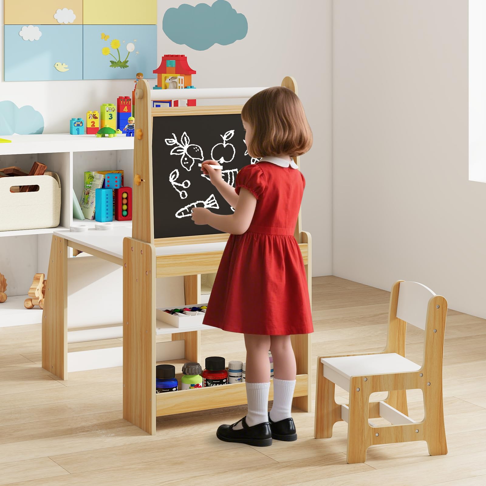 COSTWAY Table Enfant avec Chaise & Tableau Noir & Tableau Blanc, Table à Dessin avec 2 Étagères Ouvertes & Bibliothèque, Rouleau de Papier, Bureau Enfant avec Rangement, Chevalet pour 3 Ans+ (Naturel)