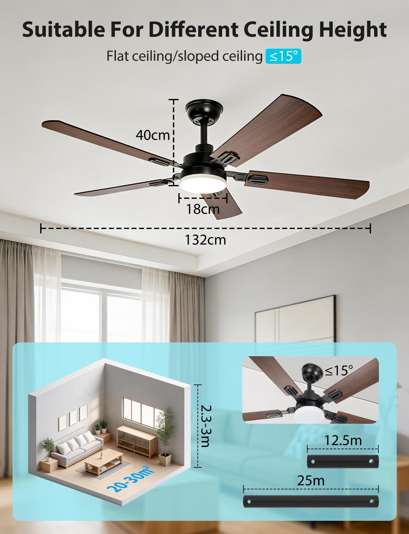 Aigostar Ventilatore da Soffitto con Luce e Telecomando Silenzioso 52‘’, 3000K/4000K/6000K Dimmerabile, 33W Motor DC Reversibile, 6 Velocità, Adatto per soggiorno, camera da letto e sala da pranzo