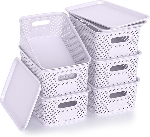 Miniatura 15 de Contenedores de almacenamiento de plástico con tapa, cesta pequeña apilable para organización y contenedores para estantes, cajones, escritorio,